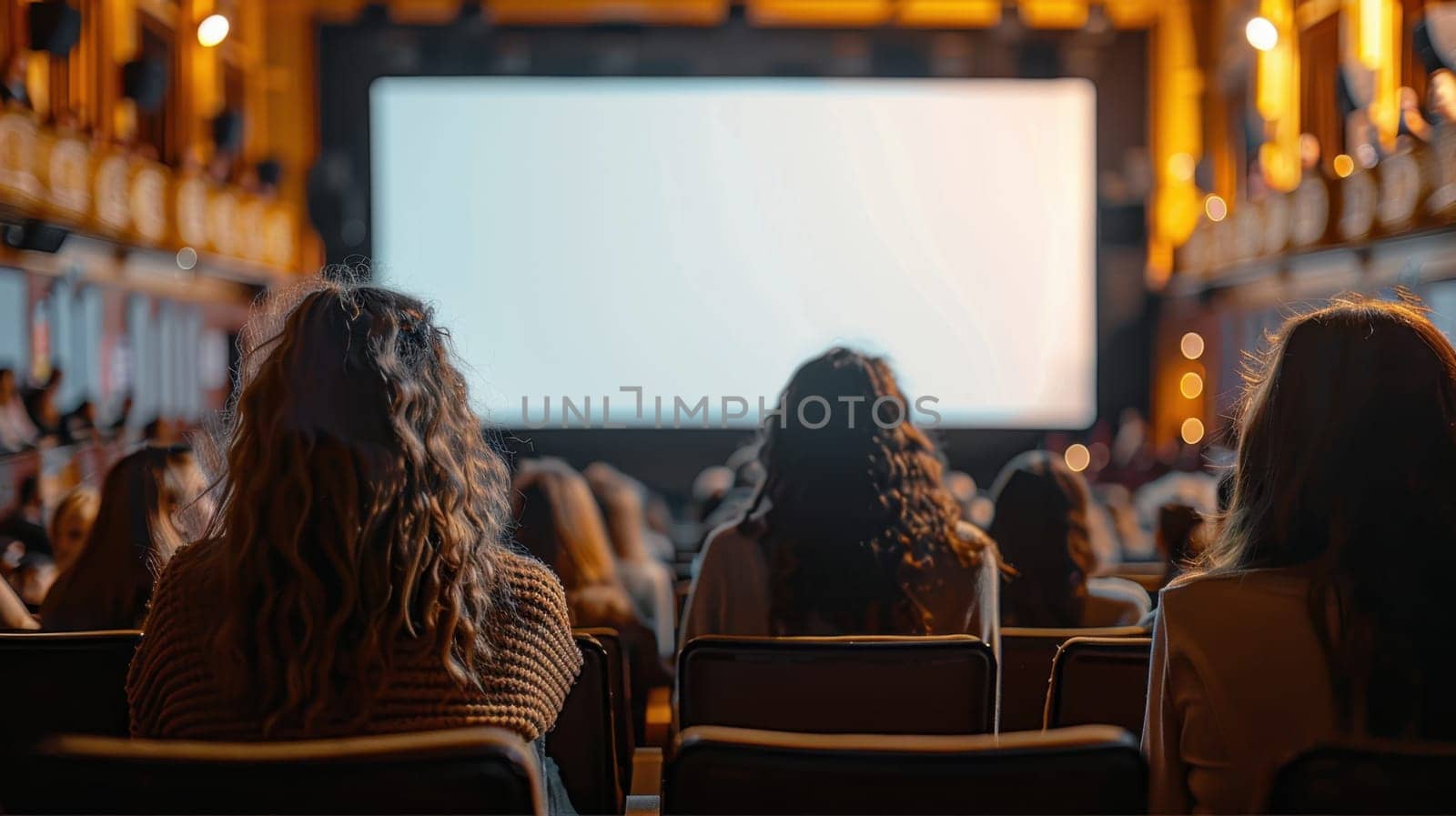 A crowd of spectators in the dark watching a white screen in a movie theater . Spectators watching a movie in a theater.