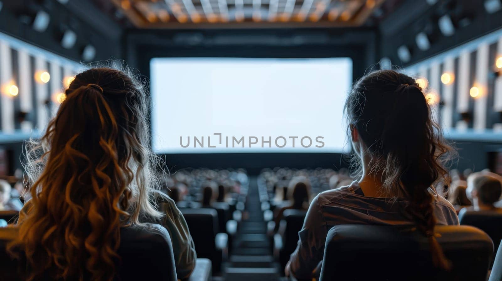 A crowd of spectators in the dark watching a white screen in a movie theater . Spectators watching a movie in a theater.