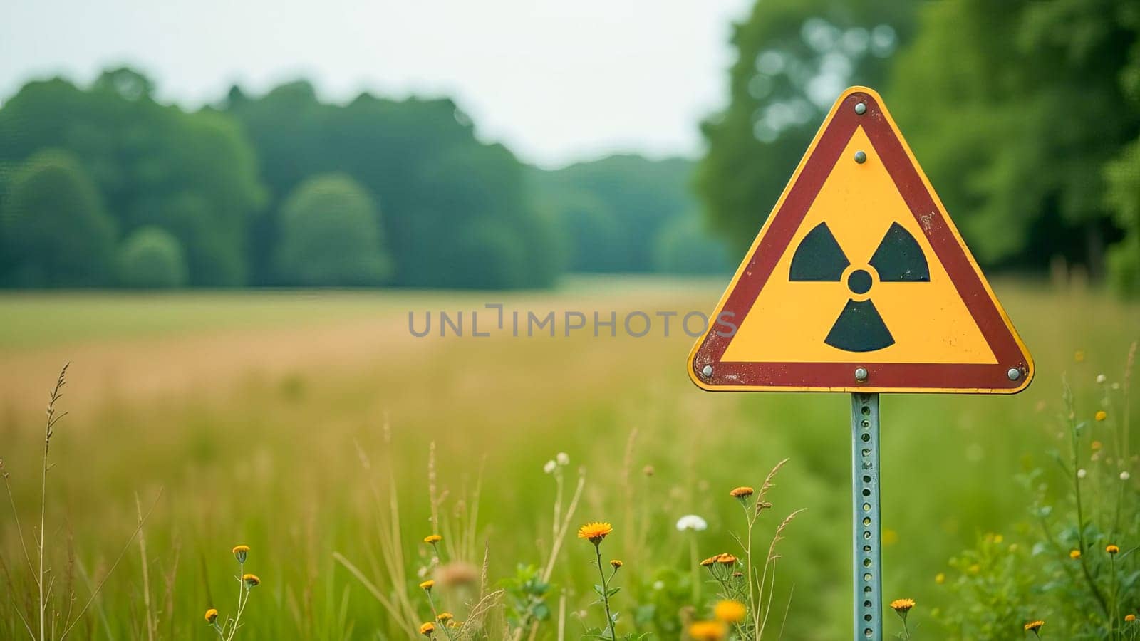 Yellow triangular sign with nuclear symbol in open field. Radiation contamination of environment.