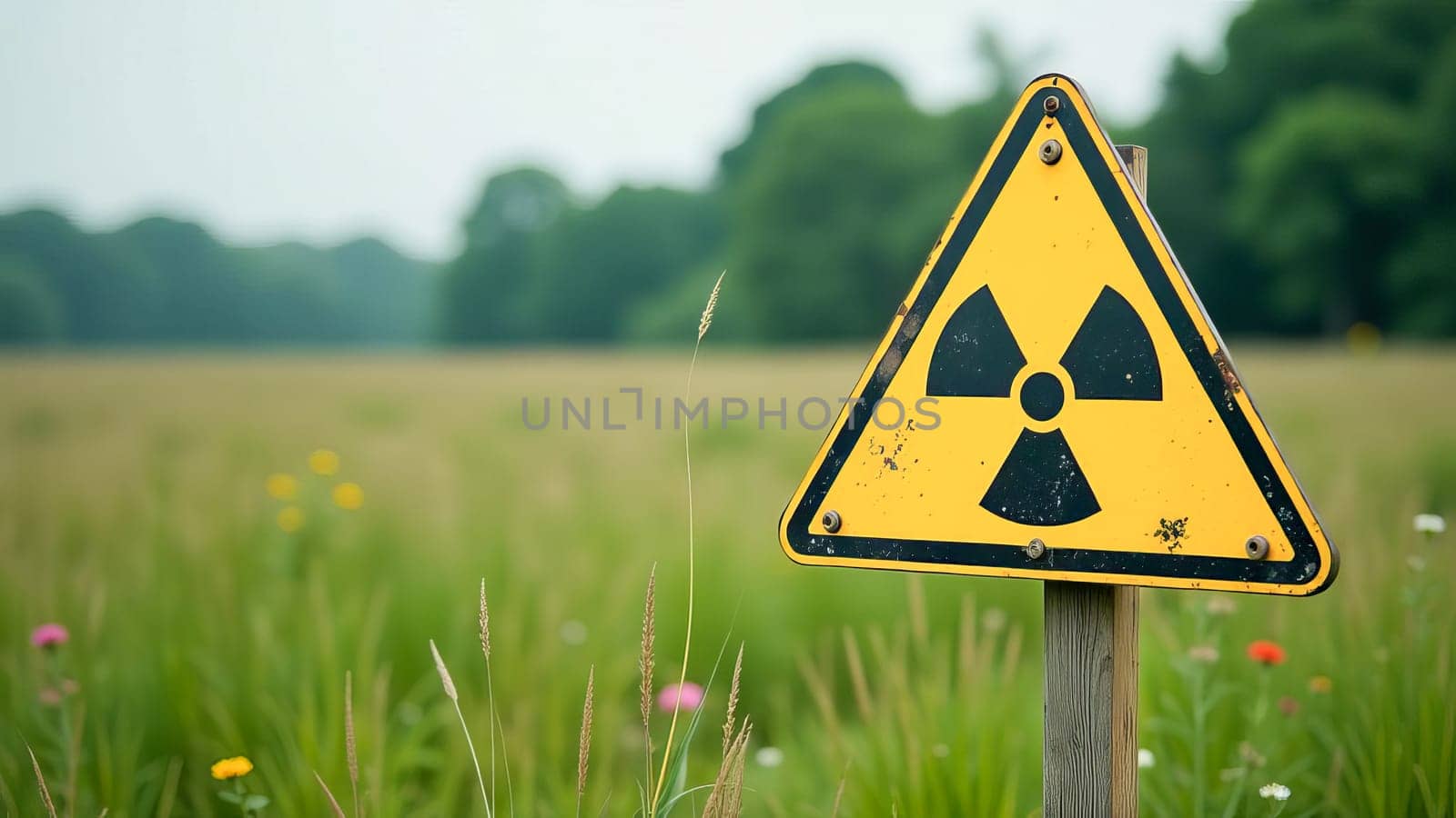 Yellow triangular sign with nuclear symbol in open field. Radiation contamination of environment.