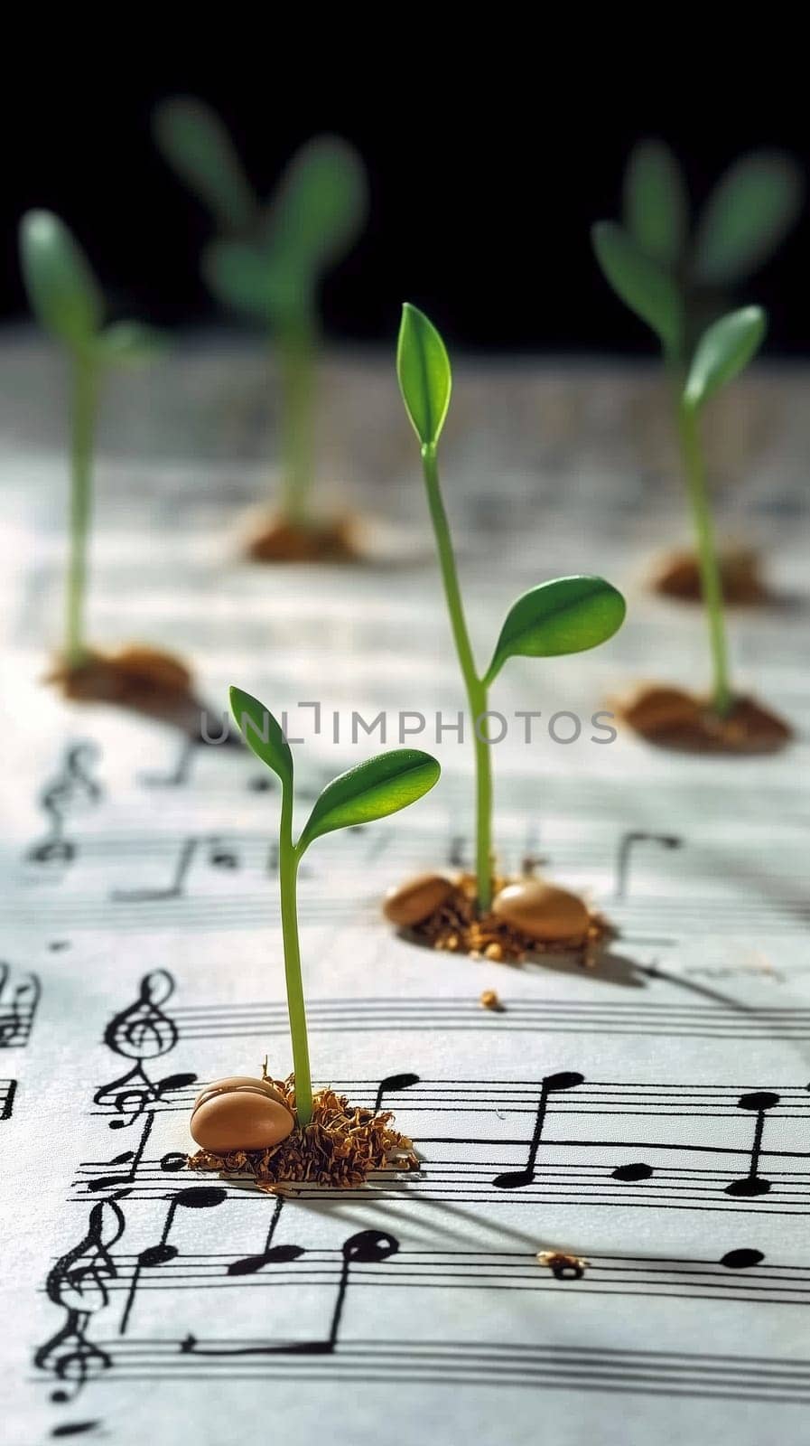 In a tranquil indoor garden, vibrant seedlings emerge from the surface of musical notes, creating a captivating fusion of nature and artistry that enchants the senses.