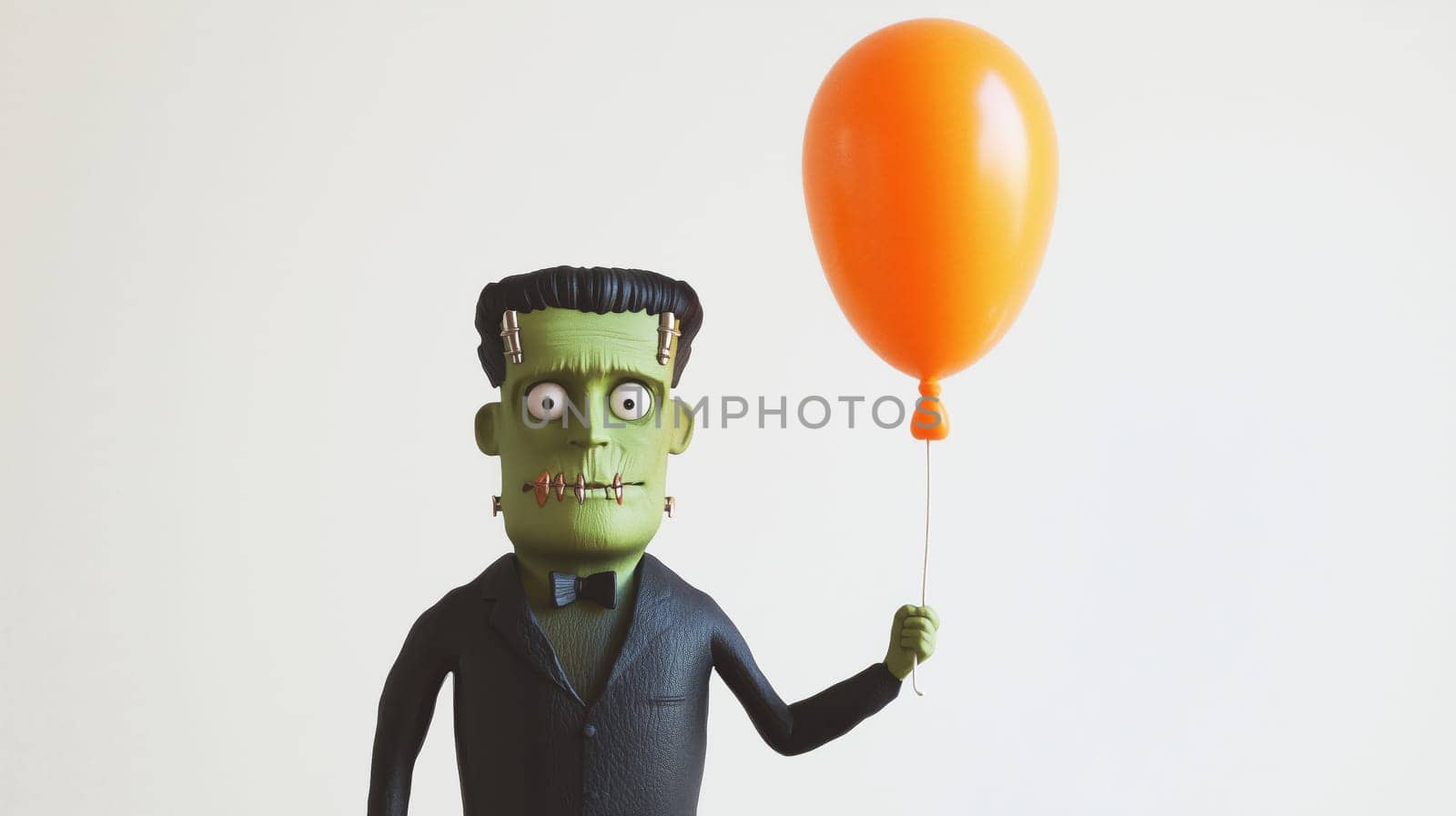 A quirky rendition of Frankensteins monster stands with a playful expression, clutching a bright orange balloon in a minimalist setting, radiating a lighthearted charm.