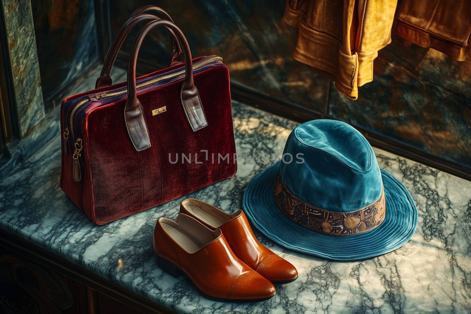 An exquisite collection of stylish shoes, a vibrant hat, and a chic handbag rest on a marble surface, showcasing timeless fashion elegance in a boutique setting.
