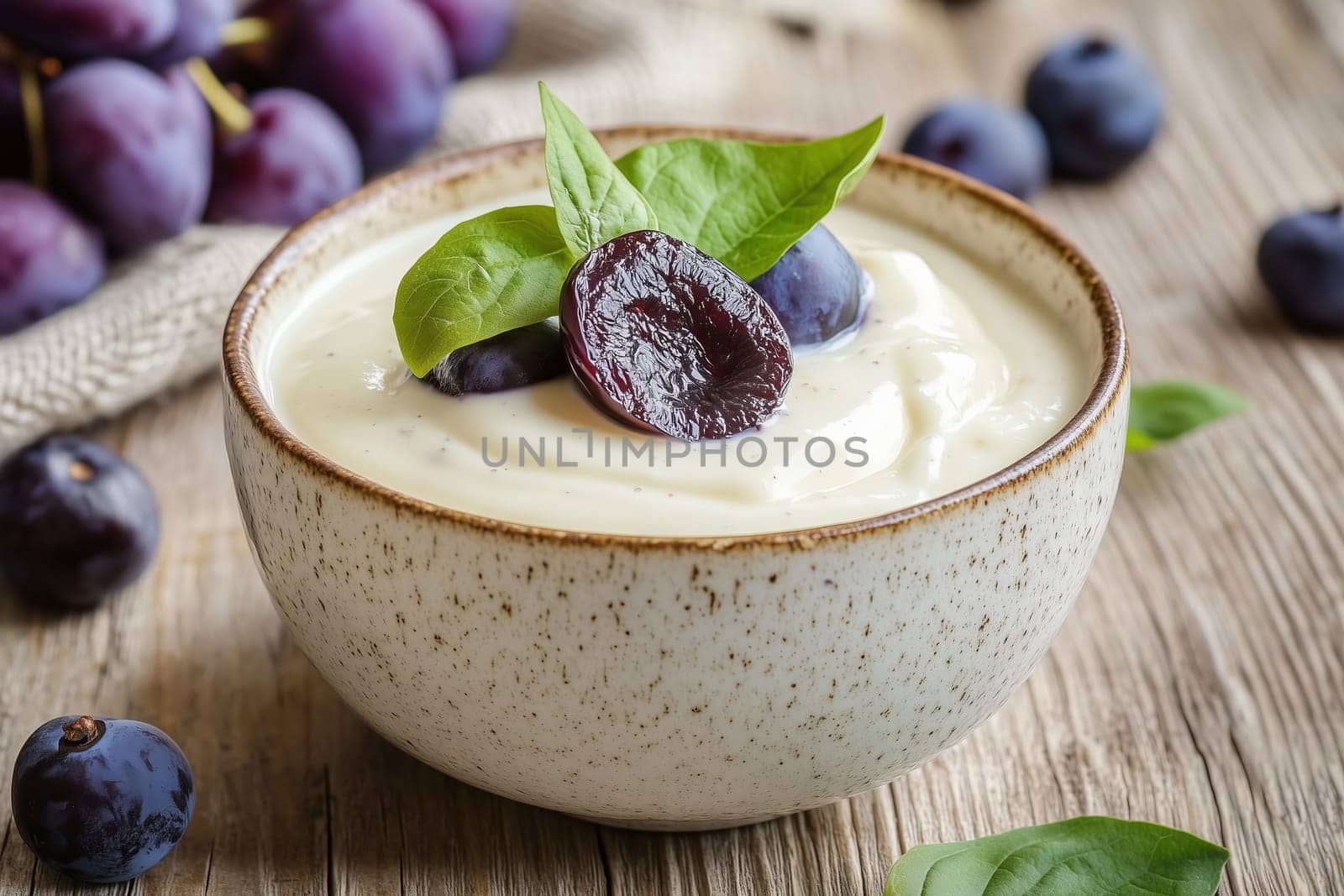 Creamy yogurt sits invitingly in a speckled bowl, adorned with fresh grapes and a sprig of basil, creating a delightful and refreshing treat.
