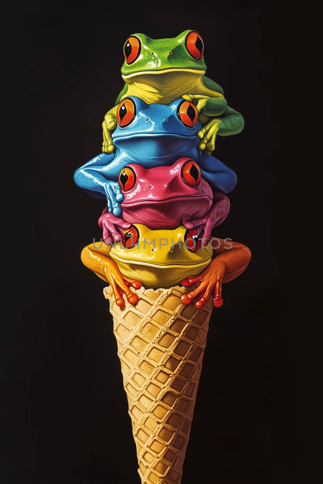 Four vividly colored frogs are creatively stacked on a cone, mimicking a whimsical ice cream treat against a contrasting dark background, sparking joy and imagination.