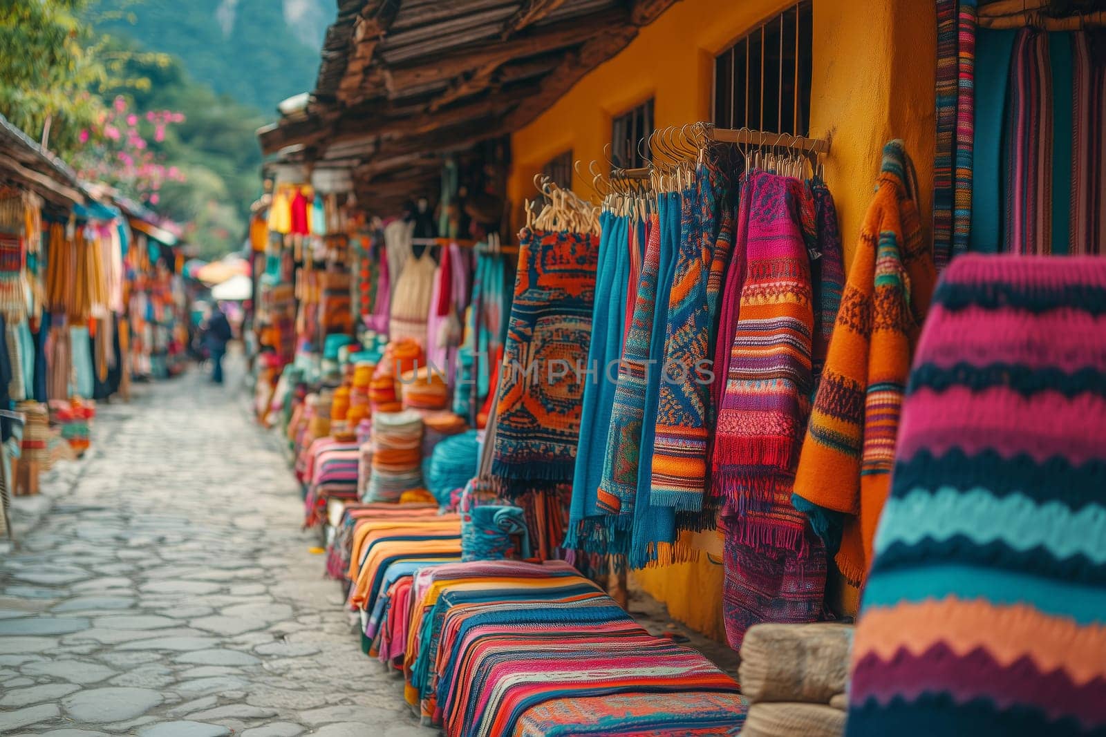 Vibrant colors and textures come alive in this bustling artisan marketplace, showcasing beautifully handmade textiles and crafts crafted by local artisans.