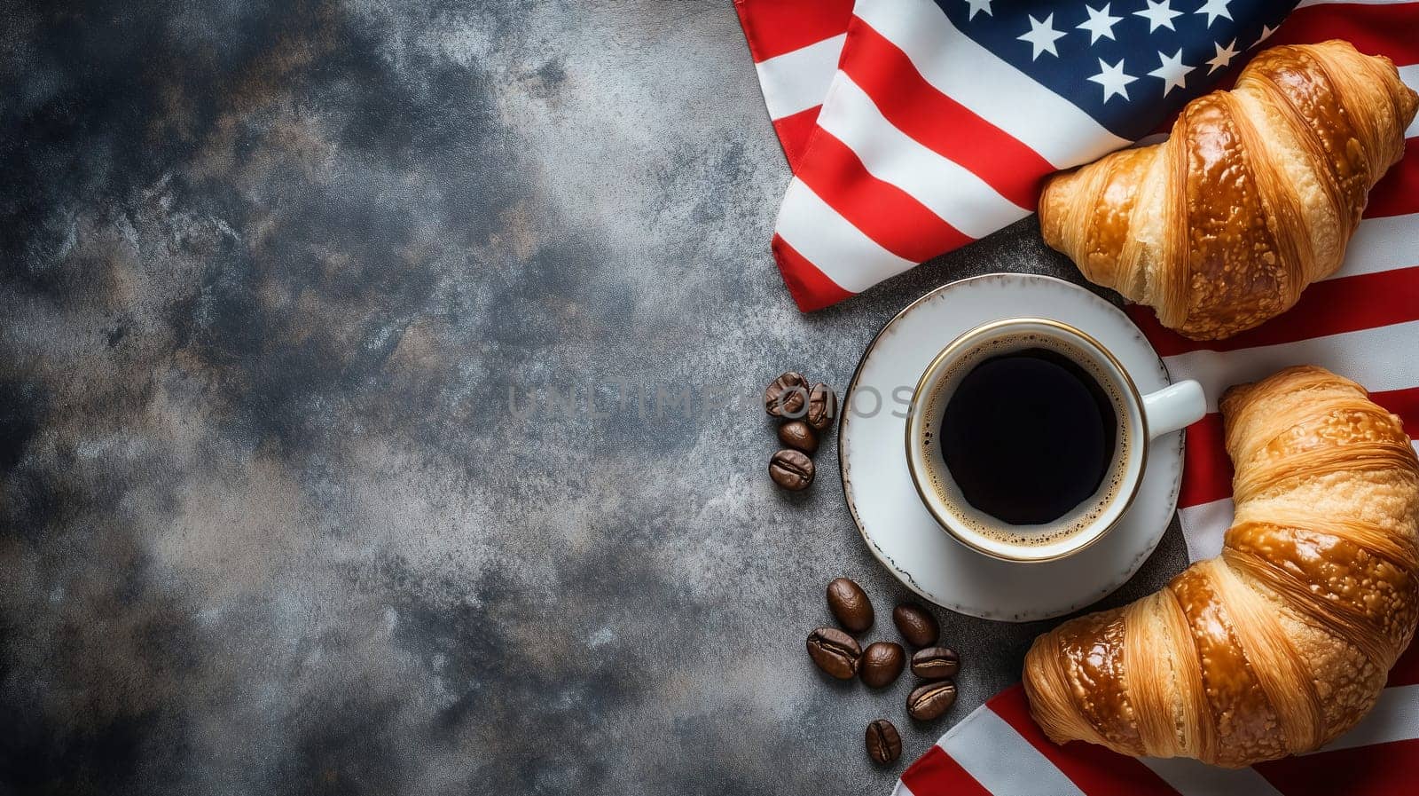 A delightful breakfast spread showcases two golden croissants beside a steaming cup of coffee, elegantly placed on a textured surface adorned with the American flag.