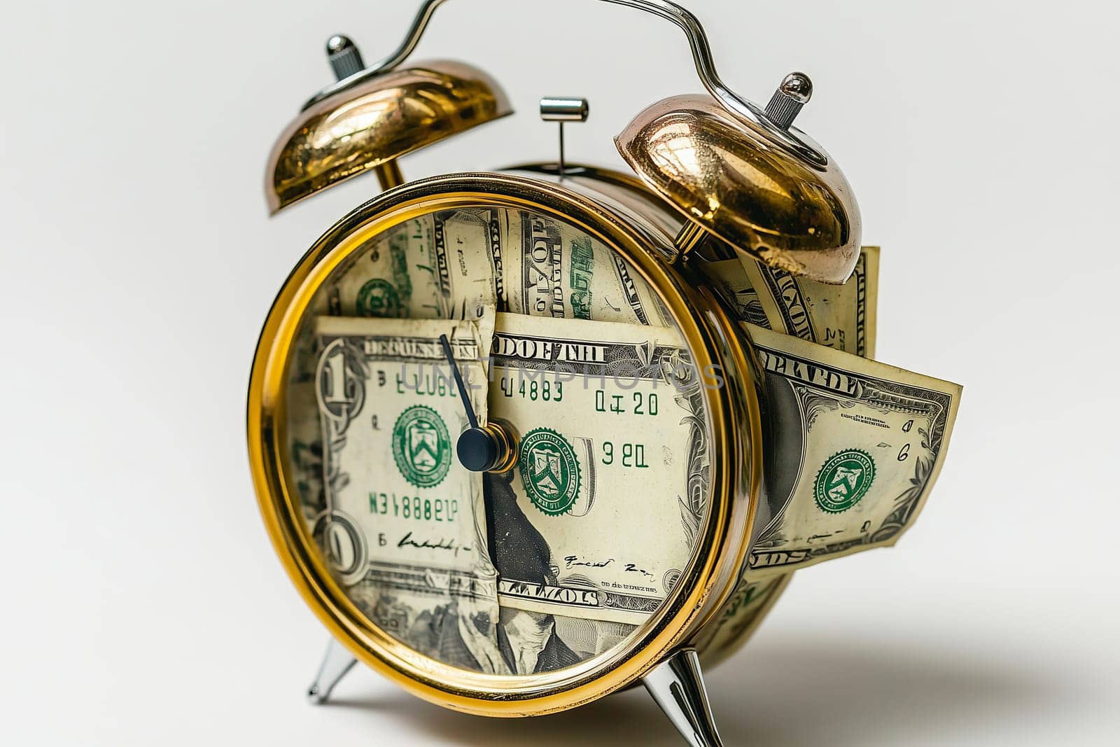 An alarm clock with its bells chiming is creatively packed with dollar bills, representing the intersection of time and money in a playful yet thought-provoking manner.
