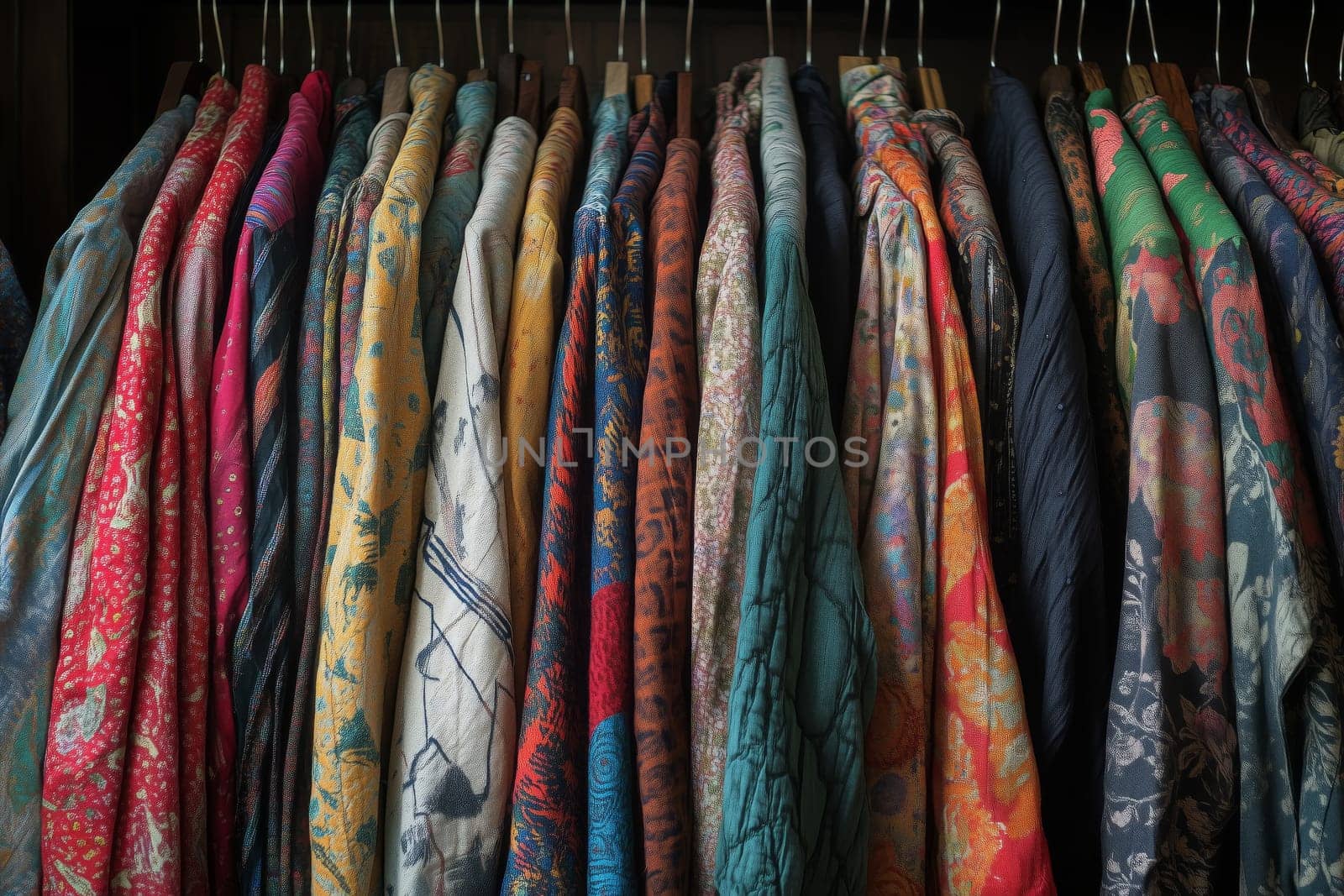 A collection of oversized garments showcases a kaleidoscope of colors and patterns, elegantly draped on hangers as they invite creativity and fashion exploration.
