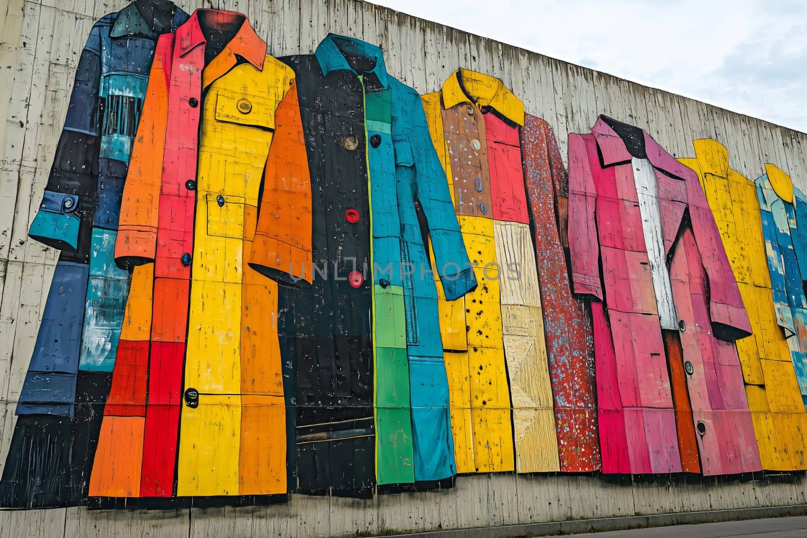 Oversized coats painted in bold colors adorn the wall, creating an eye-catching display that transforms the urban landscape and invites admiration.