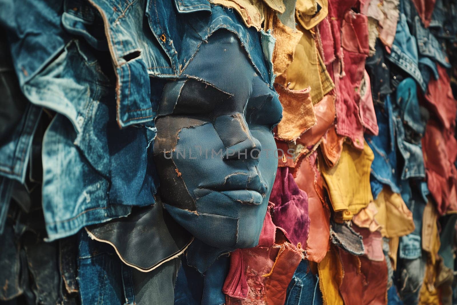 In a bold gallery setting, an innovative installation emerges, featuring a human likeness intricately crafted from colorful, recycled denim, inviting reflections on identity and material culture.