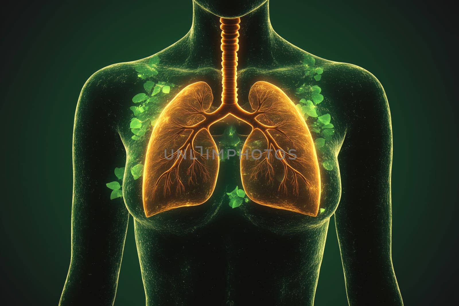 The illustration features a human figure with luminous lungs, surrounded by vibrant green elements symbolizing health and vitality, creating an atmosphere of well-being.