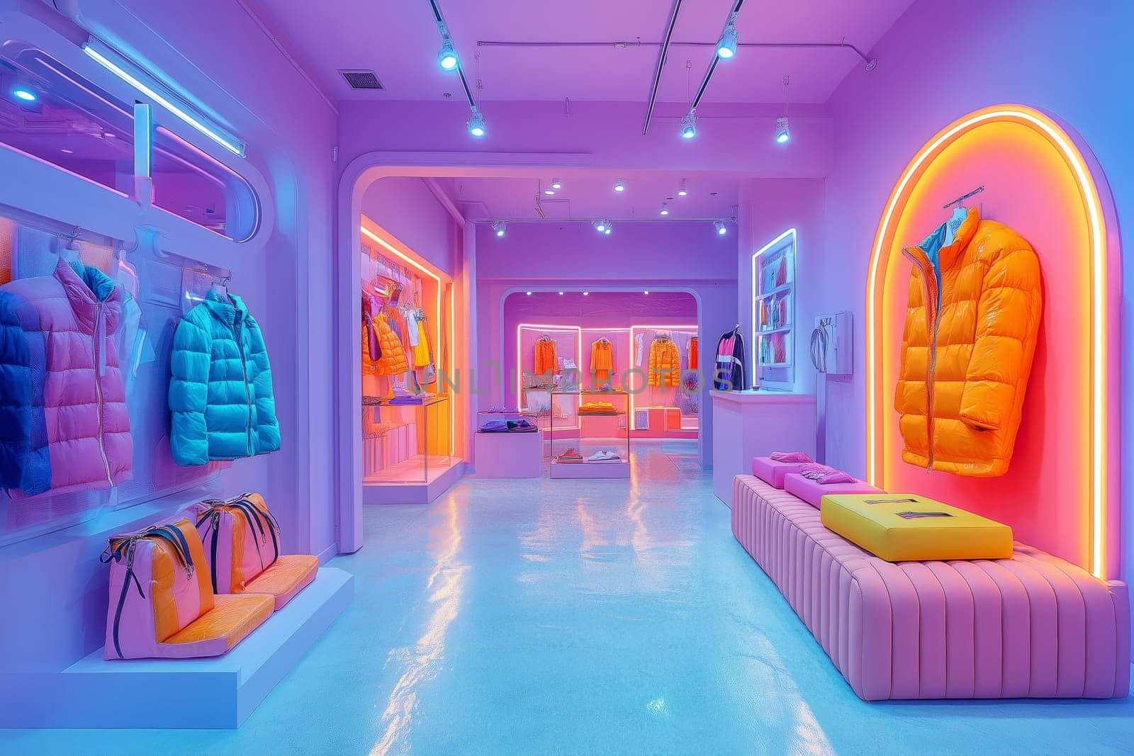 A creative fashion boutique features oversized jackets in bright colors, illuminated by striking neon lights, creating an inviting and playful atmosphere for shoppers.