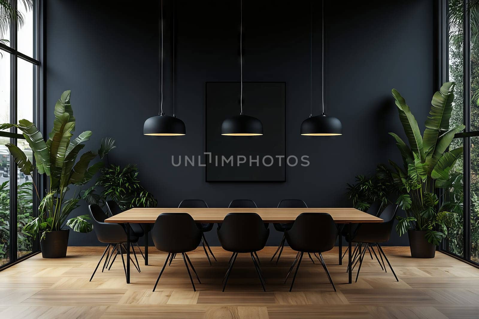 The contemporary office space showcases a long wooden table surrounded by black chairs, enhanced by vibrant plants and prominent lighting fixtures that create an inviting atmosphere.