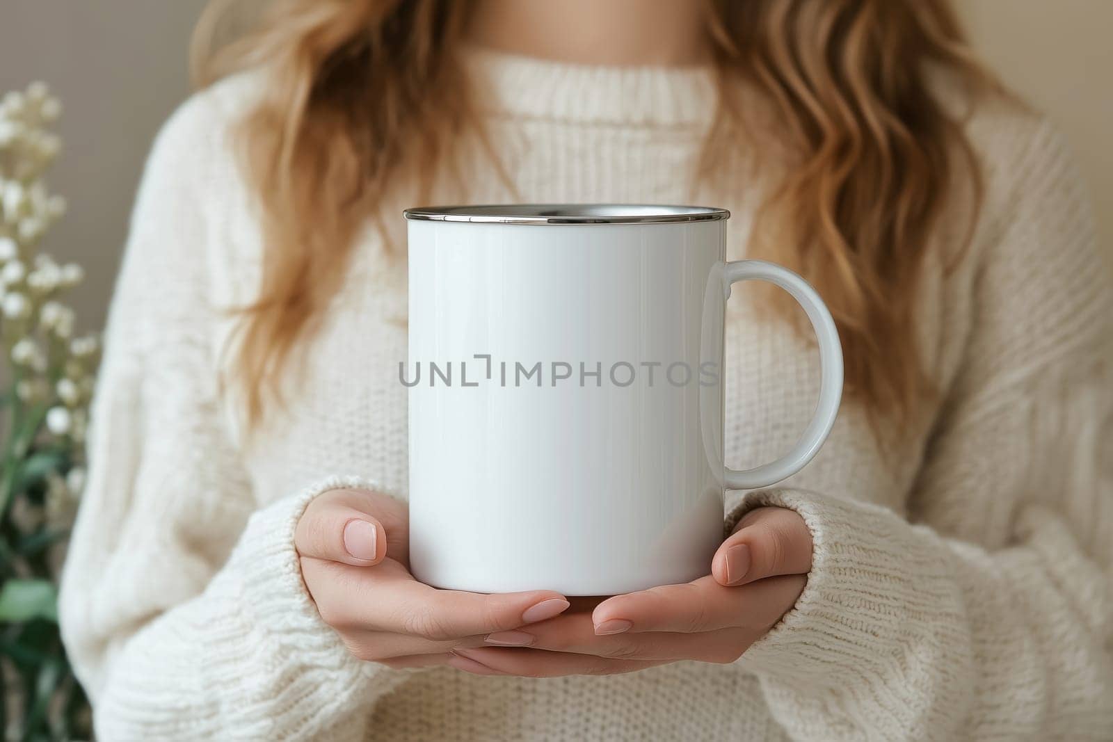A woman in a cozy knit sweater cradles a blank enamel mug, enjoying a peaceful morning indoors. The soft light enhances the calm and inviting atmosphere.