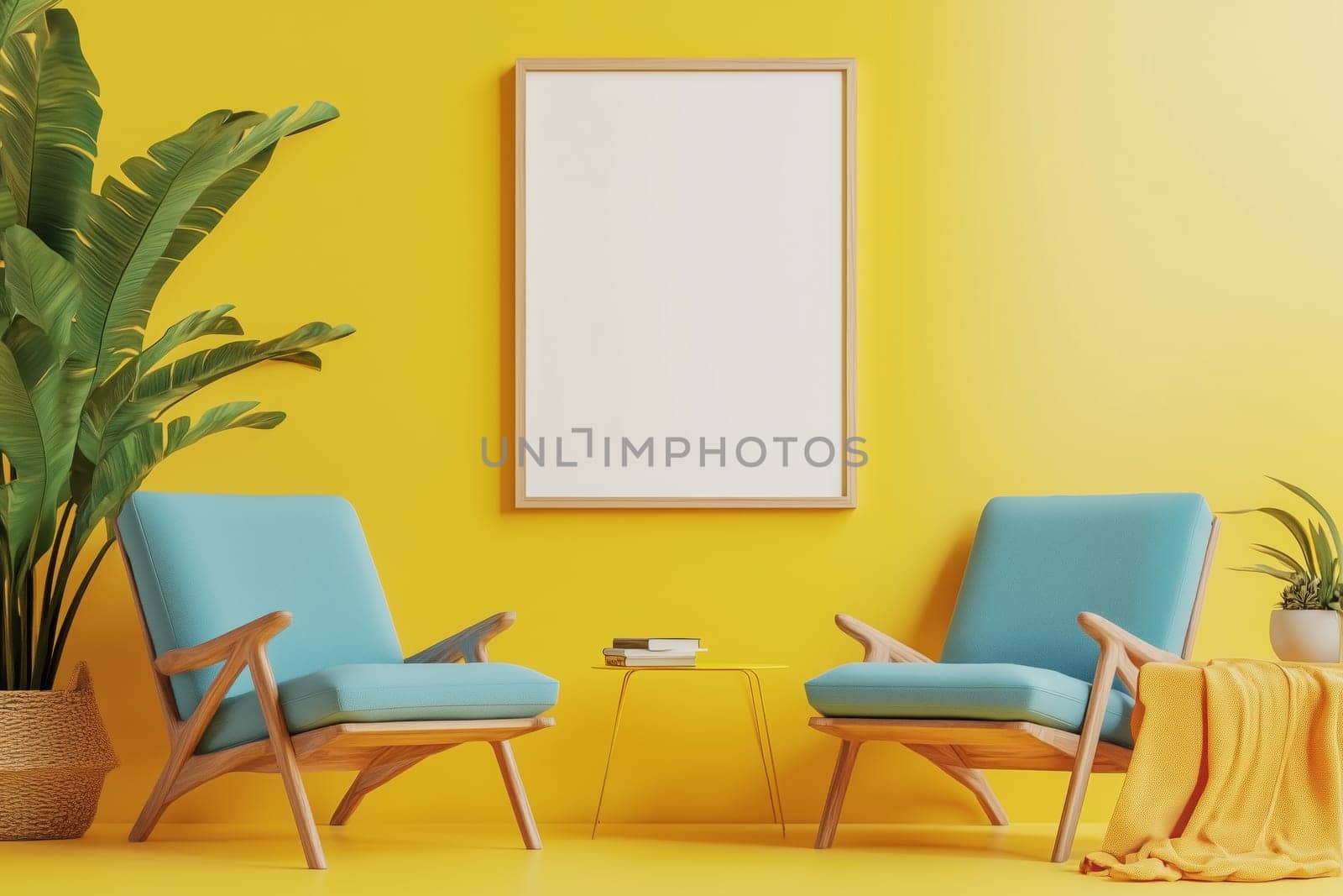This lively living room boasts two comfortable armchairs set against a sunny yellow wall, complemented by vibrant plants and soft textures, inviting relaxation.