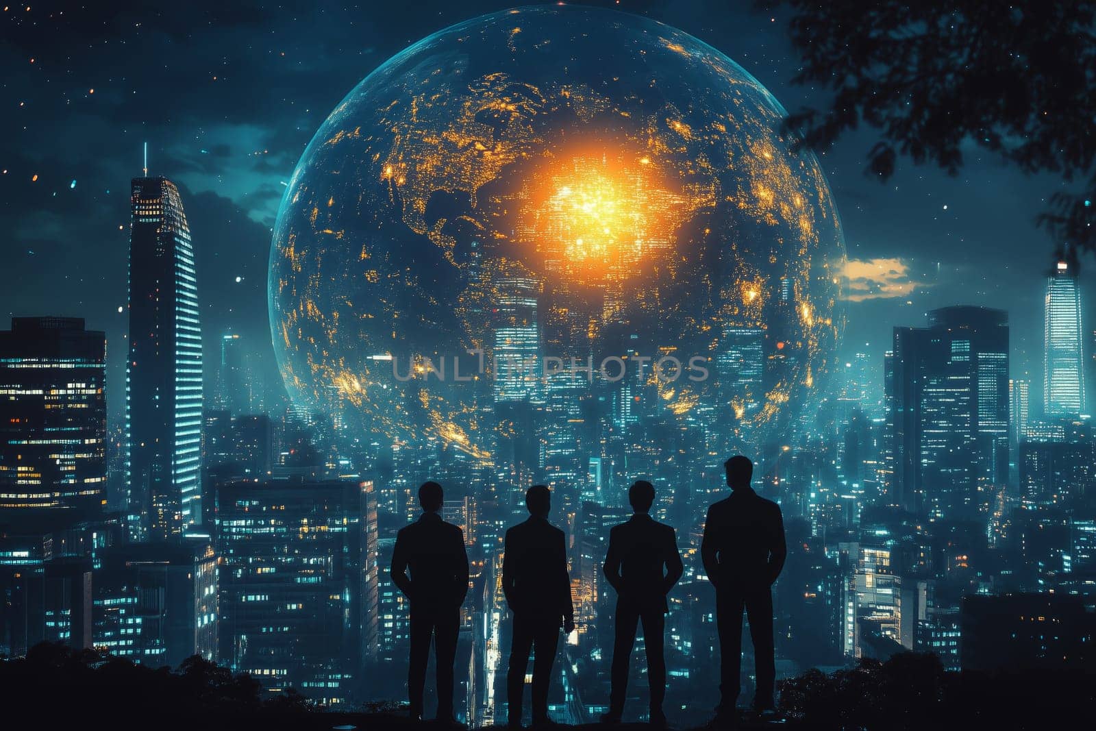 In a stunning city illuminated by countless lights, a group of professionals stands together, contemplating their ambitions and the potential of technology against a vibrant backdrop.