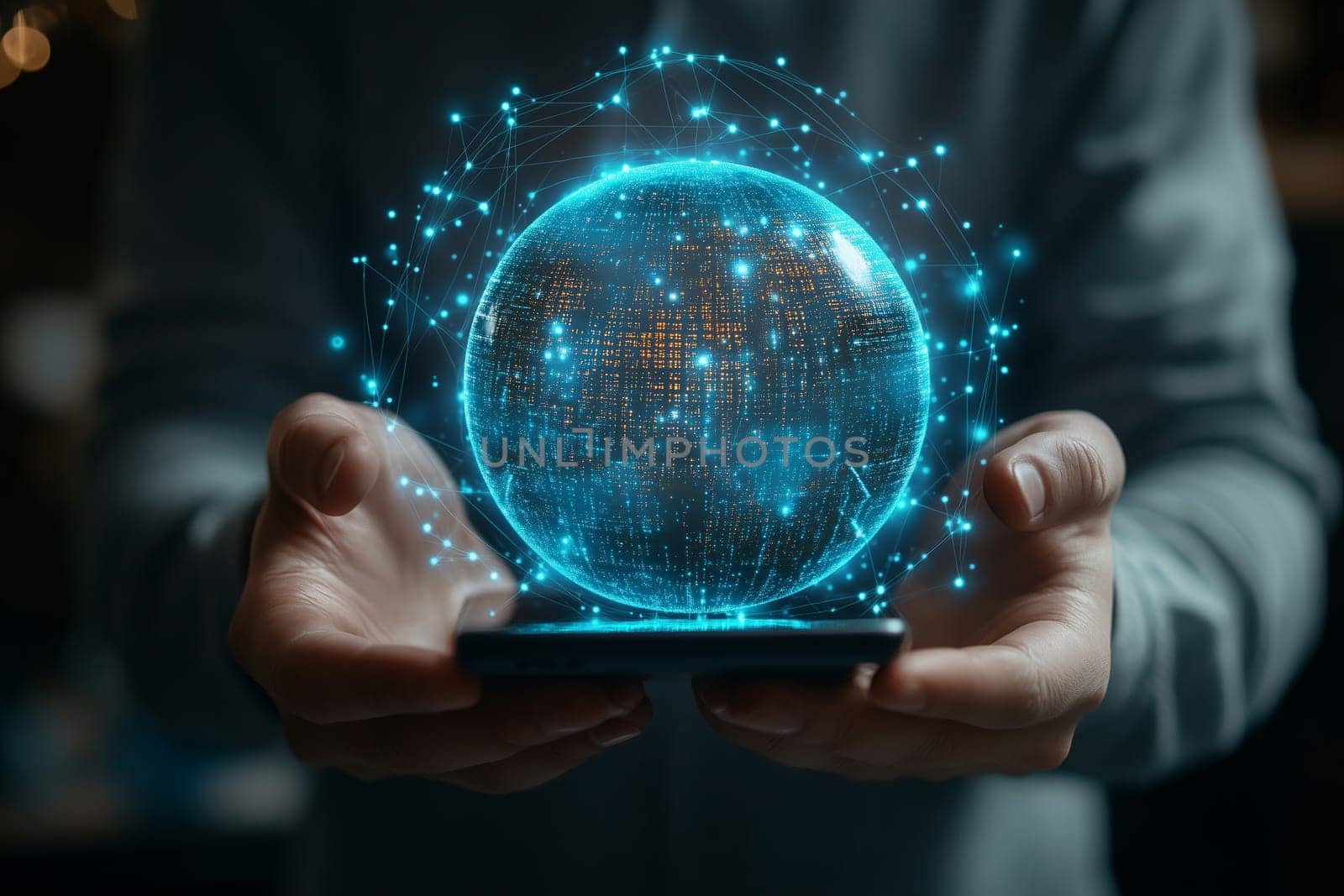 A businessman interacts with a glowing virtual globe displayed on his smartphone, showcasing innovative technology in a sleek, contemporary office environment.