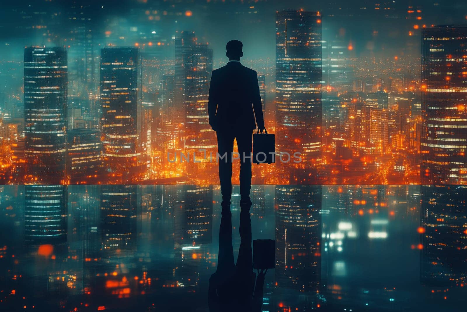 Standing against a shimmering city skyline, a businessman clutches a briefcase as he reflects on the possibilities of urban life at night, illuminated by bright lights.