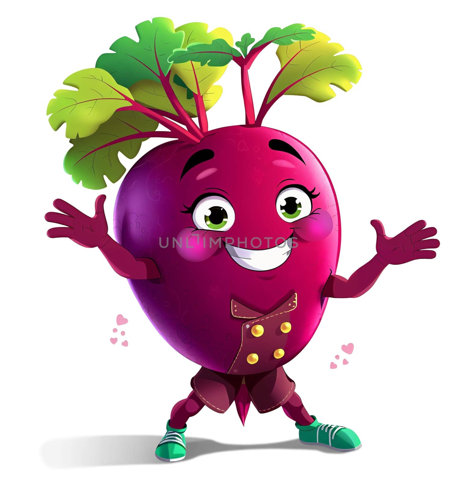 The image features a cheerful and anthropomorphic beet with a large head, a round body, and a pair of legs. The beet is wearing a brown jacket and green shoes, and has a big smile on its face. It has a pair of large, expressive eyes and a pair of small, pointed ears. The beet is waving its arms in a friendly manner, with its arms spread wide and its hands raised high. The beet is standing on a white background, and t