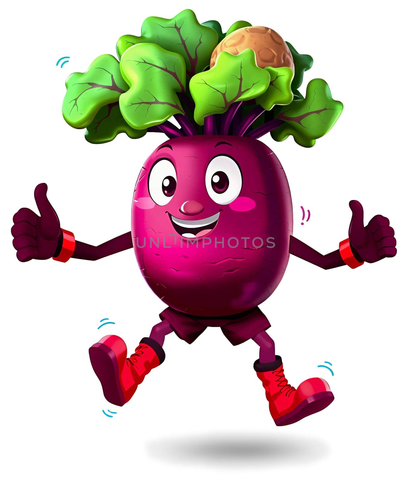 The image features a cheerful, anthropomorphic beet character with a round body, large eyes, and a wide smile. The beet is wearing a pair of red boots and has a green leafy crown on its head. The character is in a dynamic pose, with its arms and legs spread out, giving the impression of movement. The beet is also giving a thumbs up gesture, adding to its friendly and enthusiastic demeanor. The background of the image is white, which contrasts with the vibrant colors of the beet and its accessories. (transparent, isolated)
