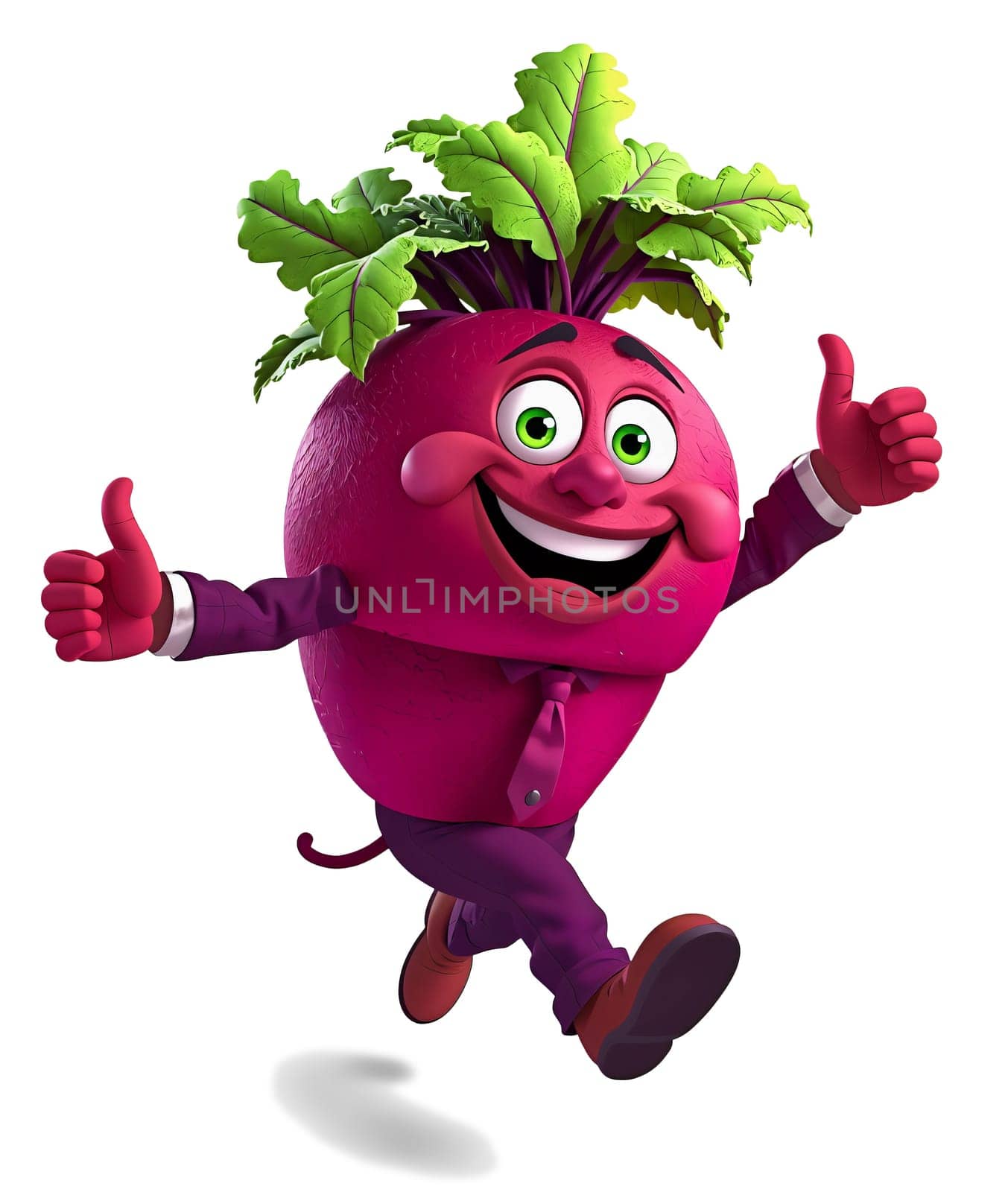 The image features a cheerful, anthropomorphic beet character with a pink body, purple pants, and a purple tie. The beet is standing upright on two legs, giving the impression of walking. It has a big smile on its face and is holding up two thumbs up signs, indicating a positive and enthusiastic demeanor. The beet is also wearing a green leafy hat on its head, adding to its whimsical appearance. The entire scene is set against a white background, which highlights the vibrant colors and details of the beet character. (transparent, isolated)