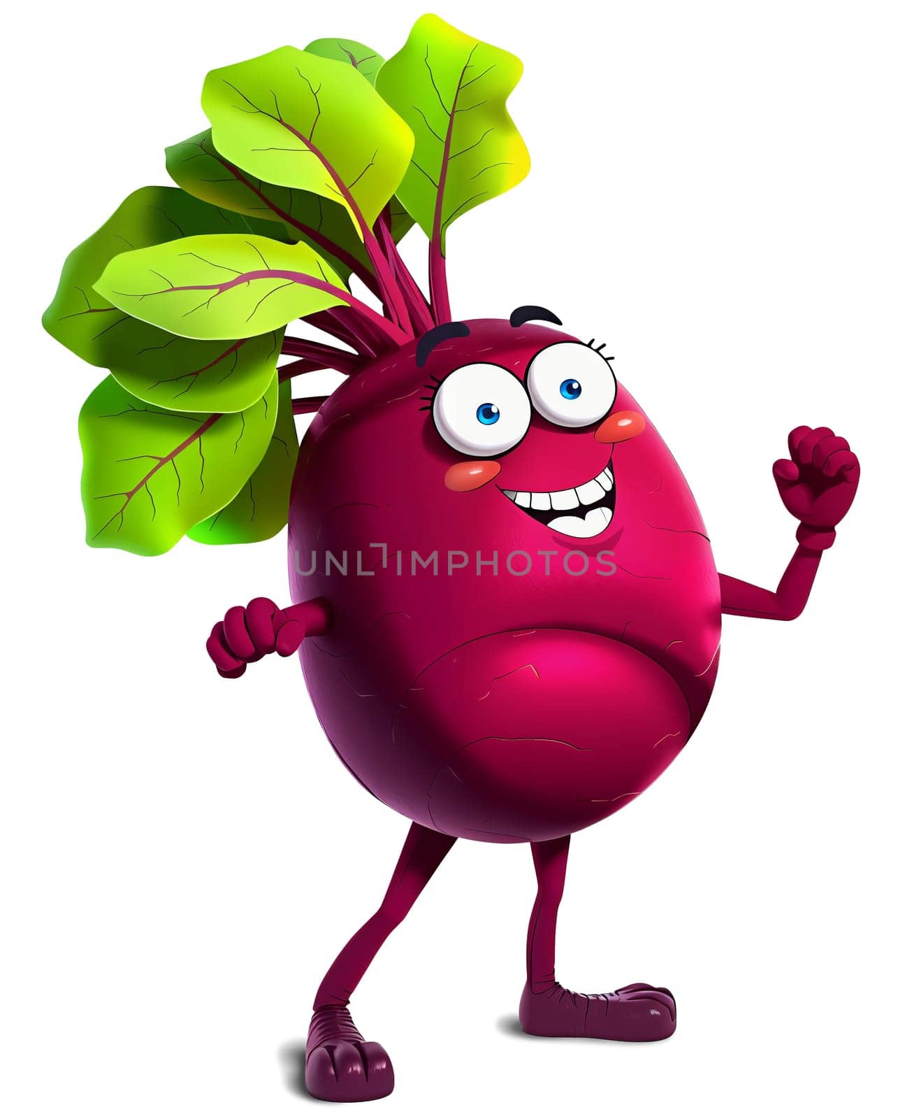 The image features a cheerful, anthropomorphic beet with a round body, large eyes, and a wide smile. The beet has a pair of large, expressive eyes. It is wearing a pair of purple pants and has a pair of purple shoes on its feet. The beet is standing upright with its arms raised in a friendly wave, and it is wearing a pair of purple gloves. The beet is surrounded by a lush green leafy stem, giving it a lively and vibrant appearance. (transparent, isolated)