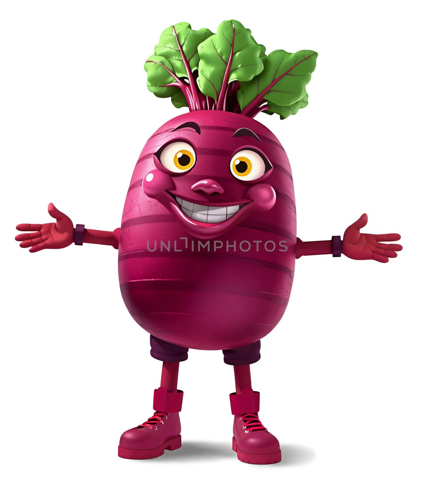 The image features a cheerful, anthropomorphic beet character standing upright with its arms outstretched. The beet has a large, round body with a pinkish-purple hue, and its legs are also pink. The beet's head is adorned with a green leaf, and it is wearing a pair of red boots. The beet's face is lit up with a big smile, and it has large, expressive eyes. The beet is positioned against a white background, which highlights its vibrant colors and cheerful expression. (transparent, isolated)