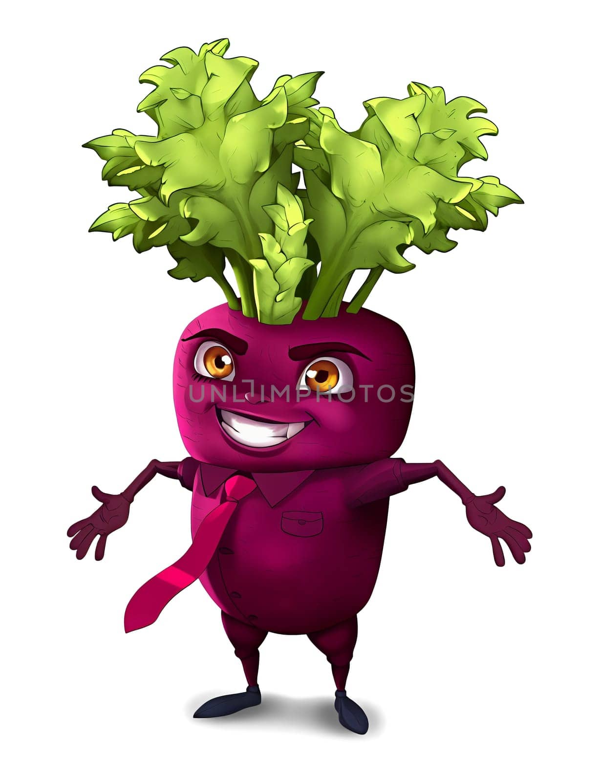 The image depicts a cartoon character resembling a beet with a purple body, green leaves sprouting from its head, and a pink tie around its neck. The character is standing upright with its arms outstretched, giving the impression of a friendly, welcoming gesture. The character's face is lit up with a big smile, and its eyes are wide open, adding a sense of joy and playfulness to the image. The character's attire, including the tie, gives it a unique and whimsical appearance. (transparent, isolated)