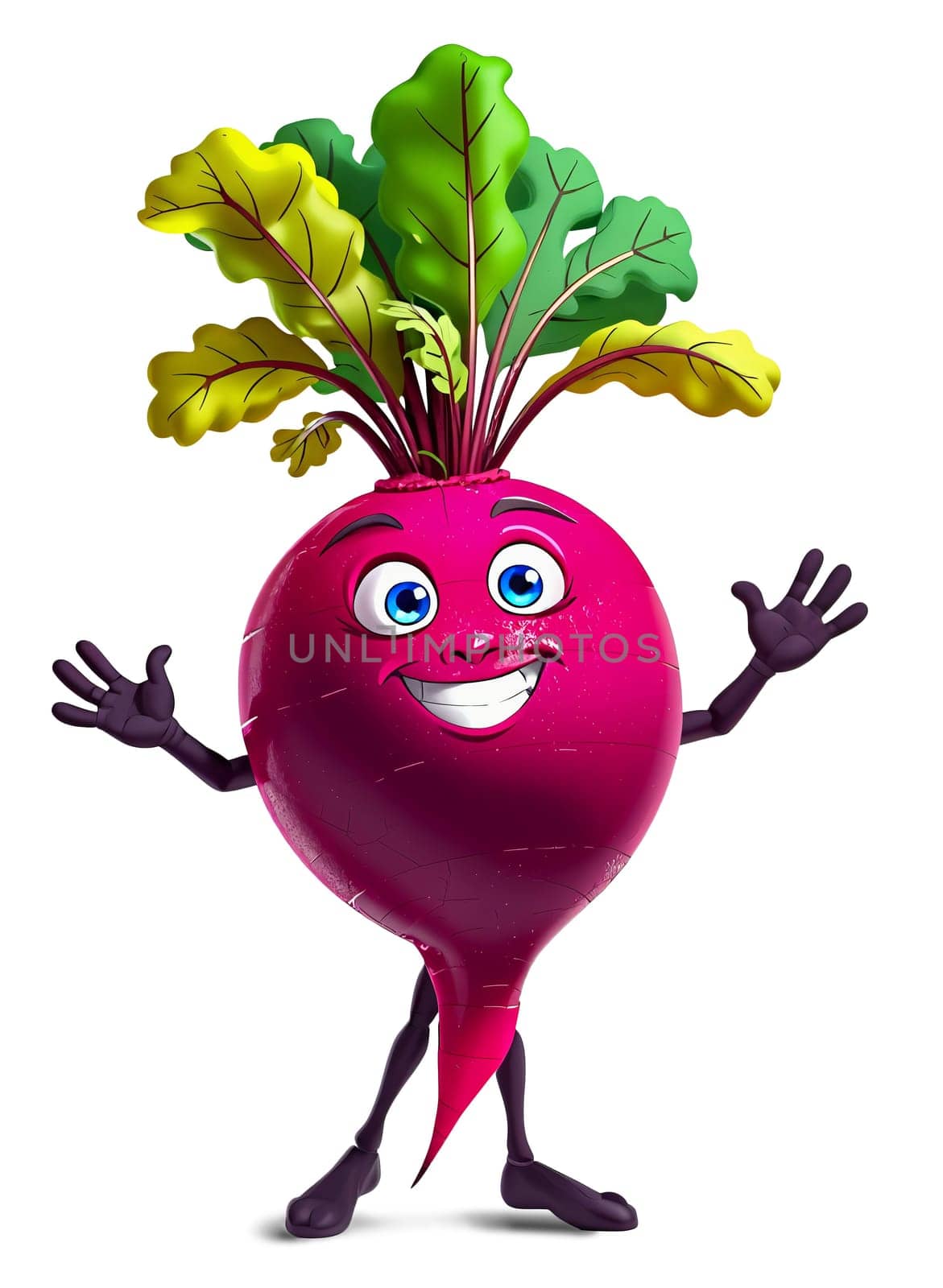 The image features a cheerful, anthropomorphic beet with a large, friendly smile. The beet has a vibrant pink color and is adorned with green leaves sprouting from its top, giving it a lively appearance. The beet is standing upright on two legs, with its arms and legs spread out in a welcoming gesture. The entire scene is set against a stark white background, which accentuates the beet's colorful and friendly demeanor. (transparent, isolated)