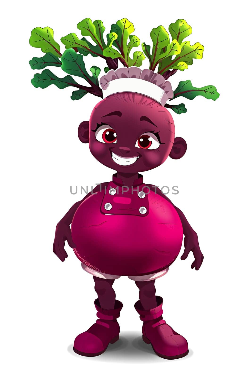 The image depicts a cartoon character with a round body, wearing a pink, red boots. The character has a large head with a crown of green leaves, giving it a whimsical appearance. The character is smiling and standing upright, with a cheerful expression. The background is a stark white, which contrasts with the character's colorful attire and makes the character stand out. (transparent, isolated)