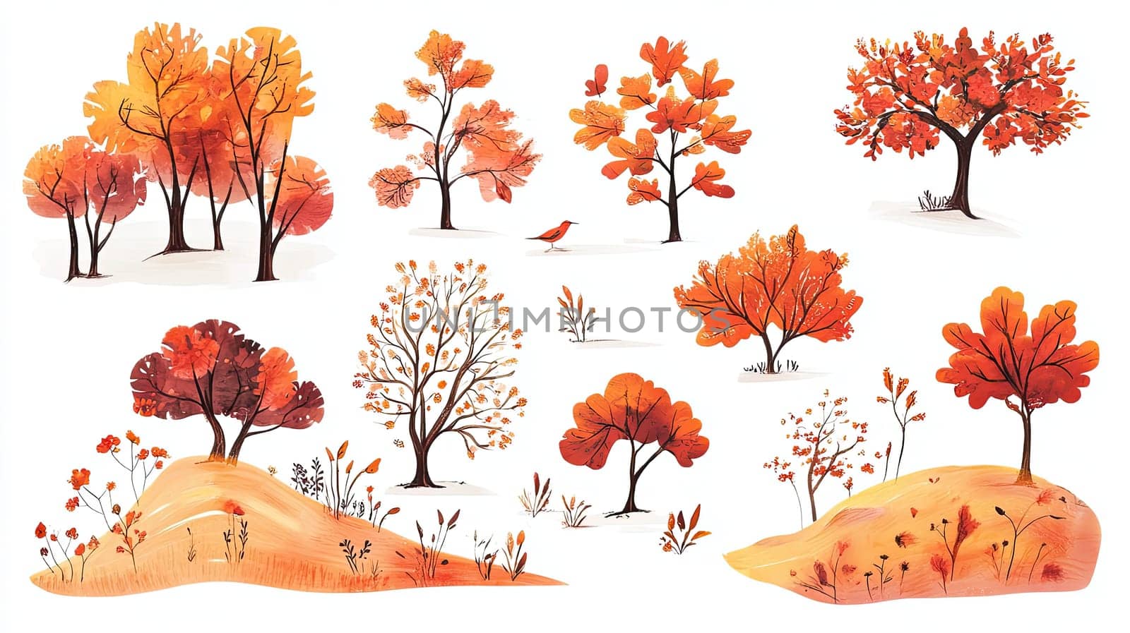 This artwork features an array of autumn trees displaying rich shades of orange and red, set against a soft, natural background representing early fall.