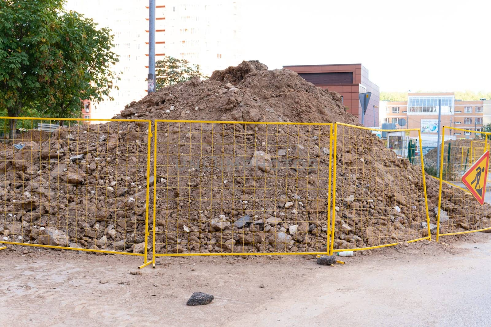 sign hole water ground pipe dig sewage underground drainage construction trench heap work