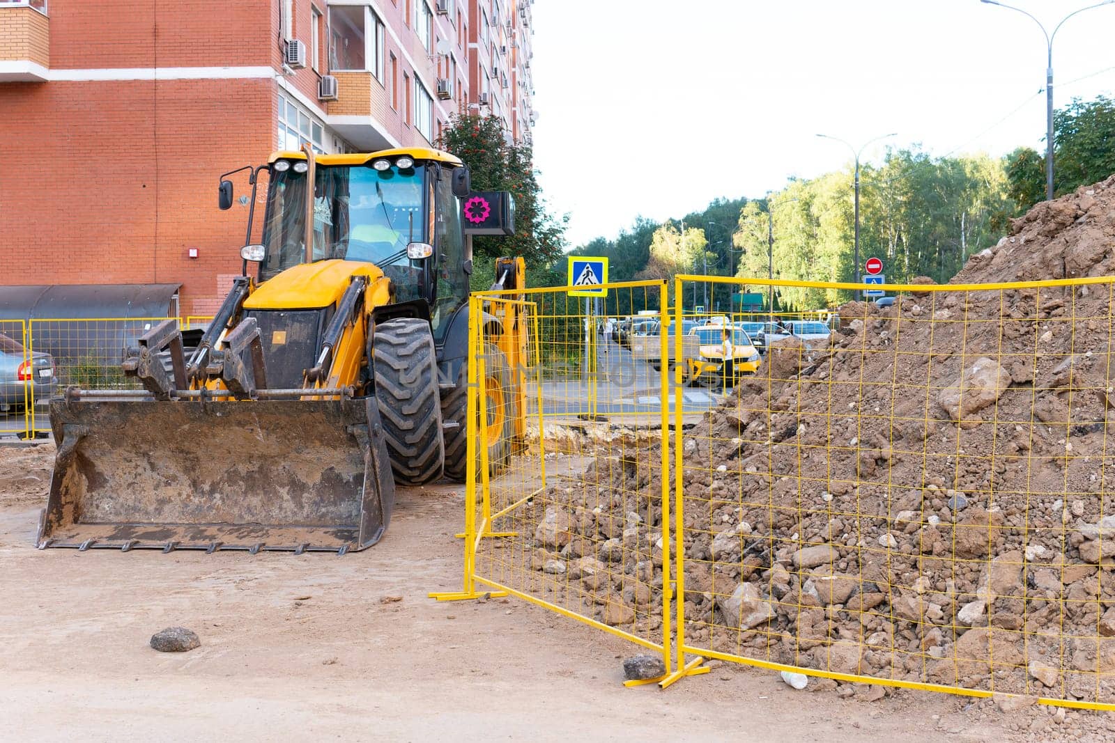 hole sewage pipe water work sign ground underground drainage dig trench heap construction