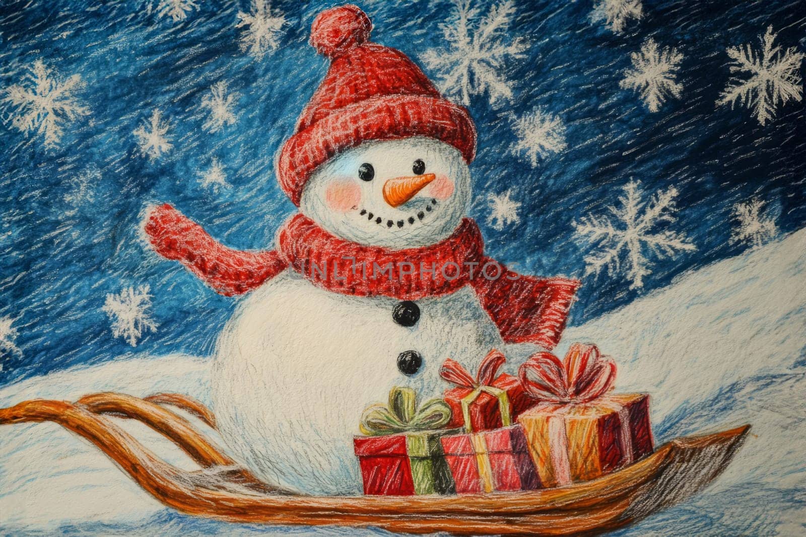 A snowman is riding down a sled with presents