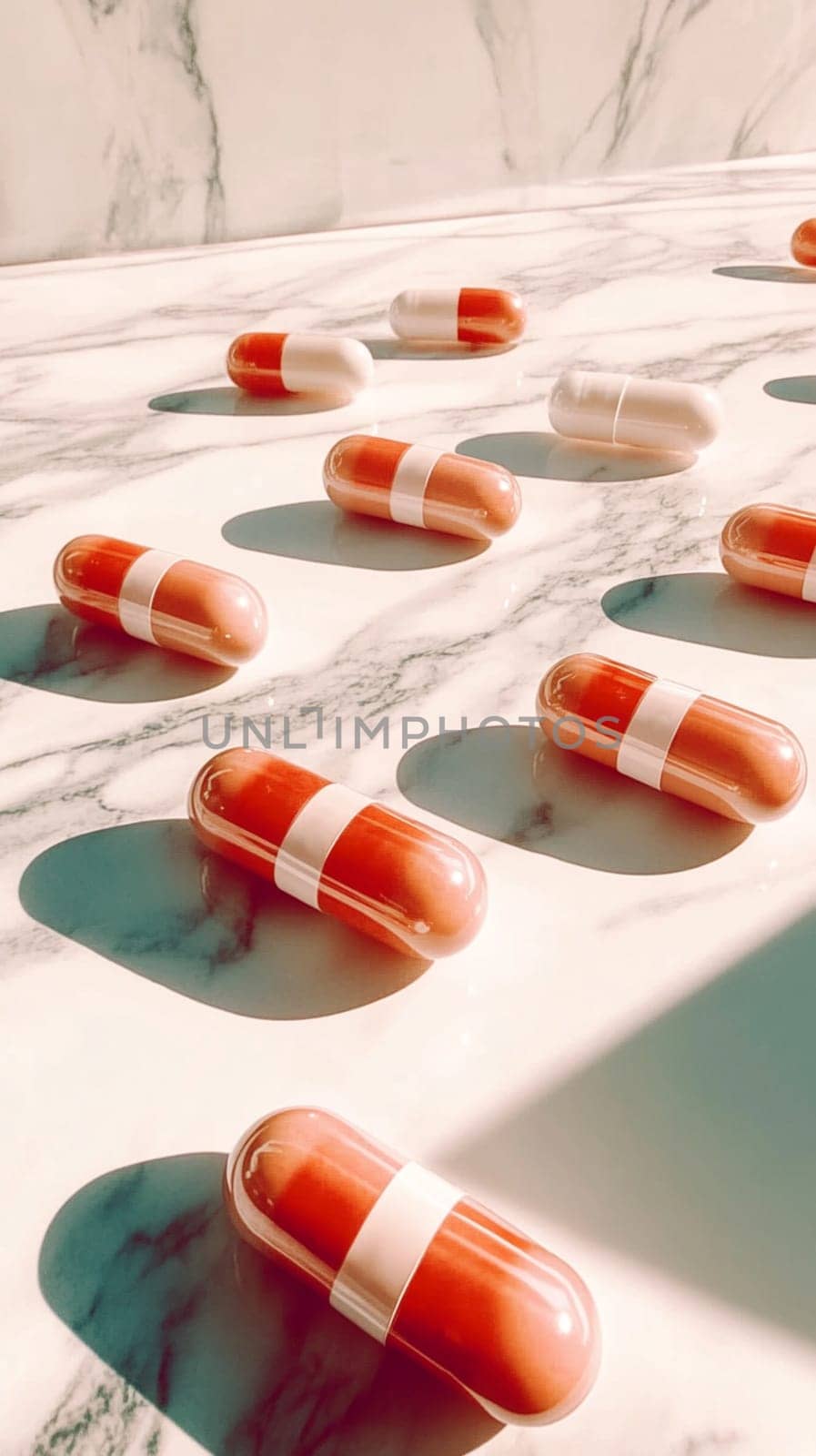 Colorful pills on marble in sunlight, symbolizing health and wellness