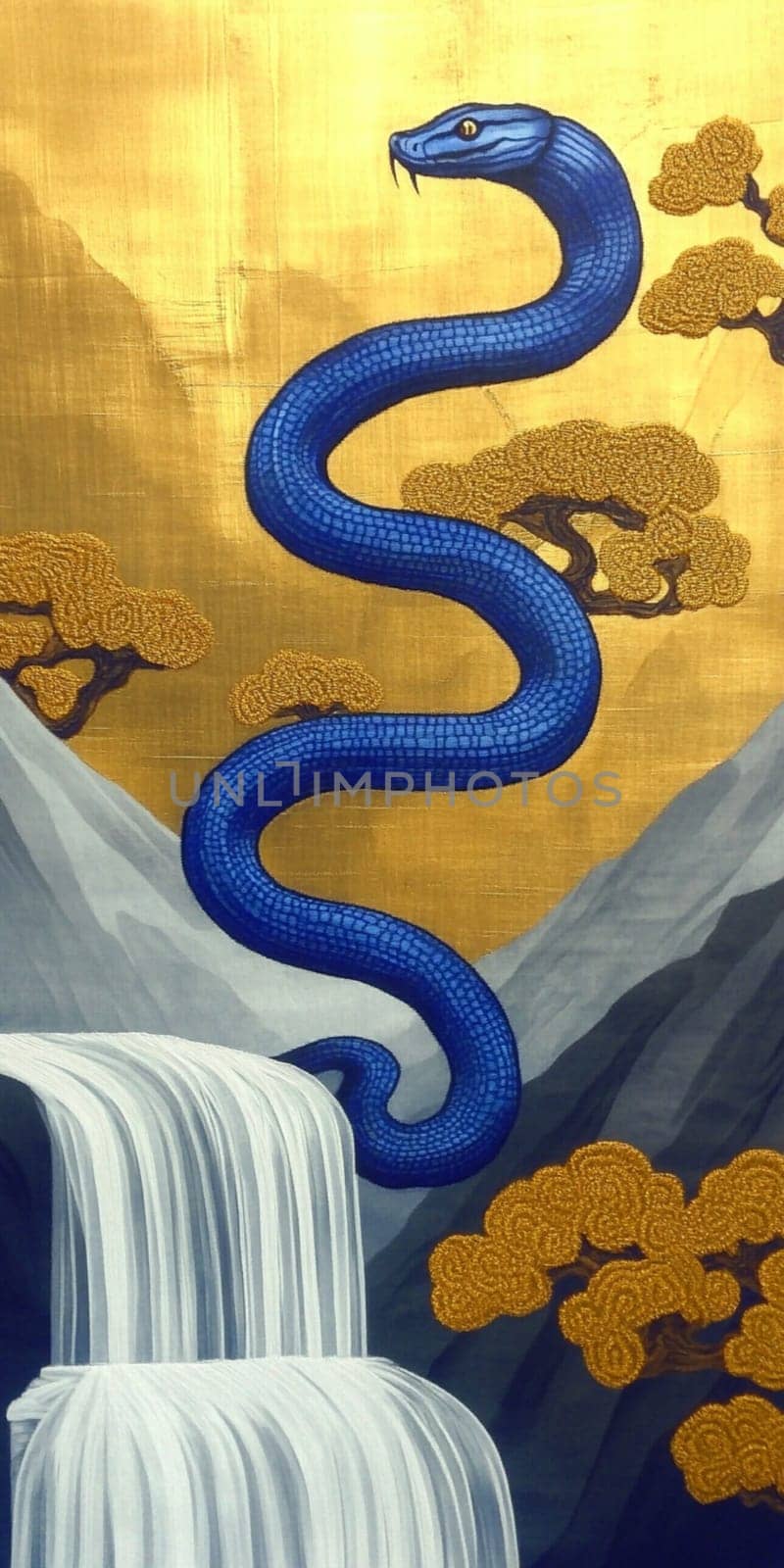 Majestic blue snake rises above a waterfall and mountains against a gold background, adorned with decorative trees