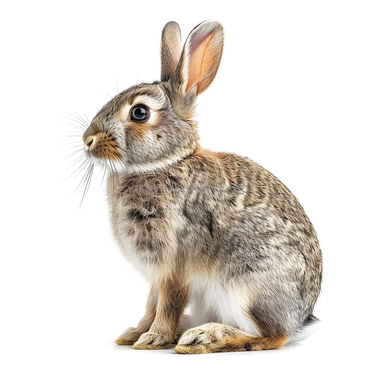 A small Mountain Cottontail rabbit with brown and white fur is peacefully sitting on a white background, showcasing its distinctive ears and whiskers
