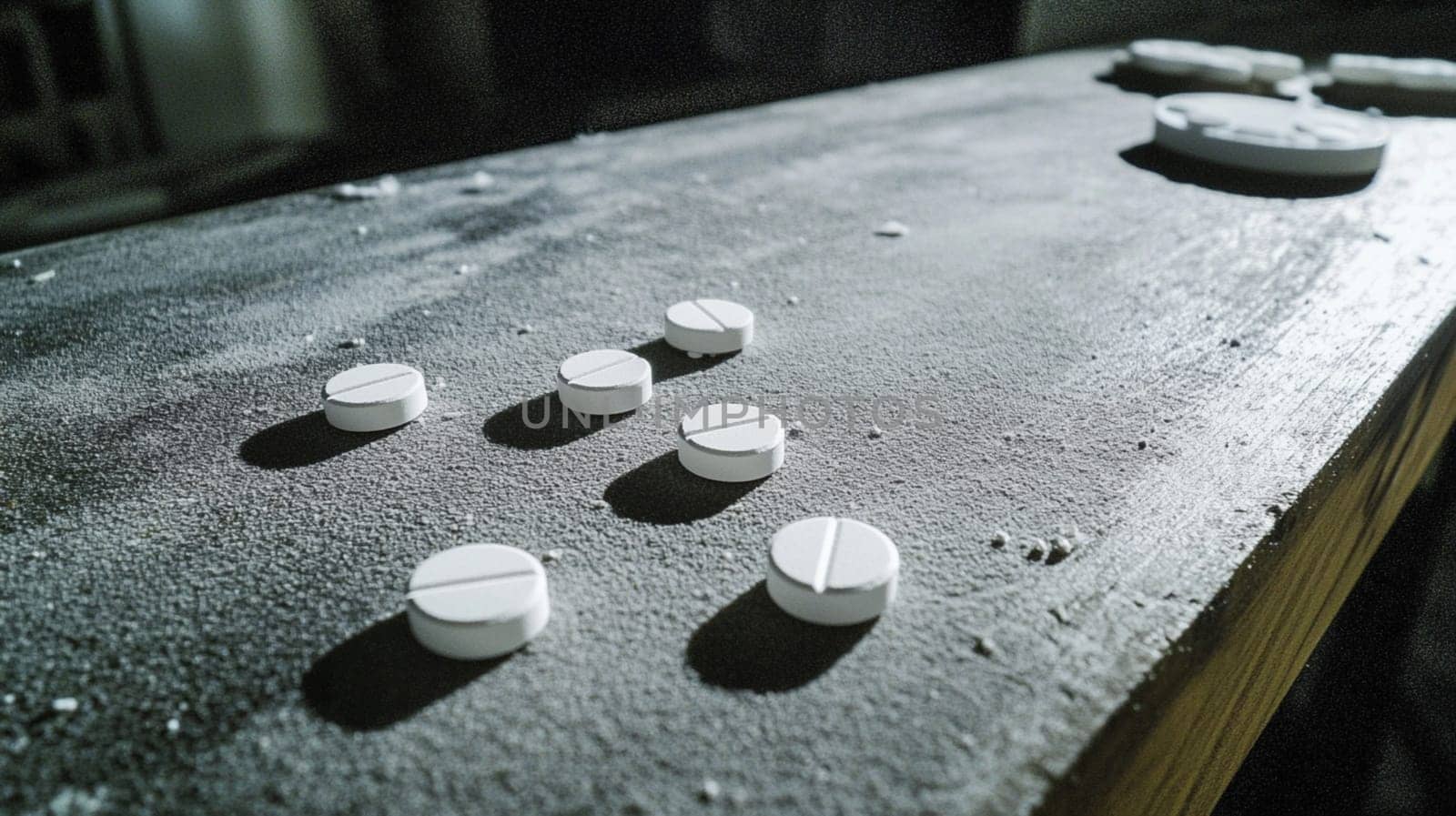 Dark tabletop with scattered pills and white powder. Highlighting drug risks. No people. Just a grungy surface. Emphasizing unhealthy dependence. Addiction. Danger. Health. Recovery. Global crisis
