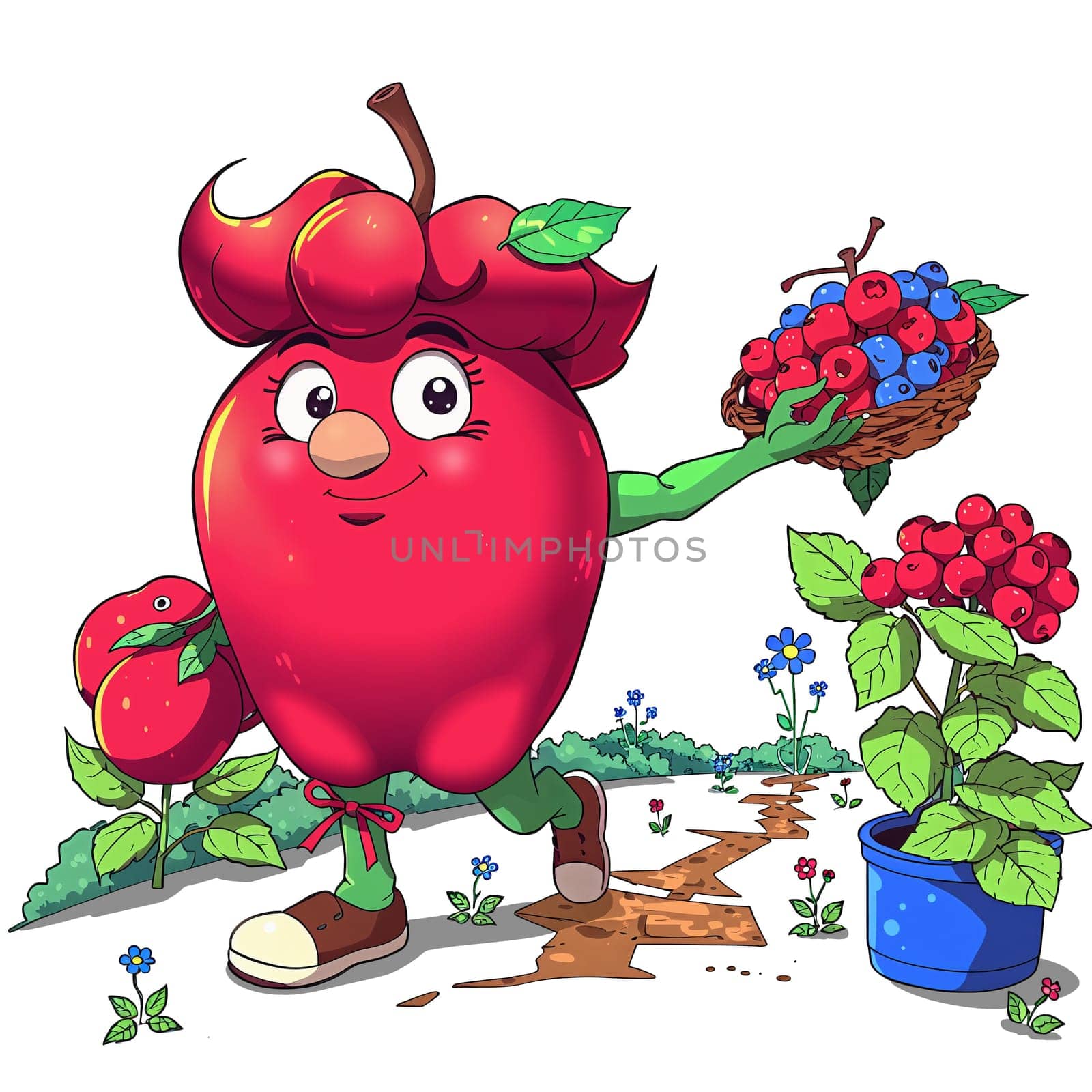 A red apple in the animated style of the cartoon. He walks briskly.