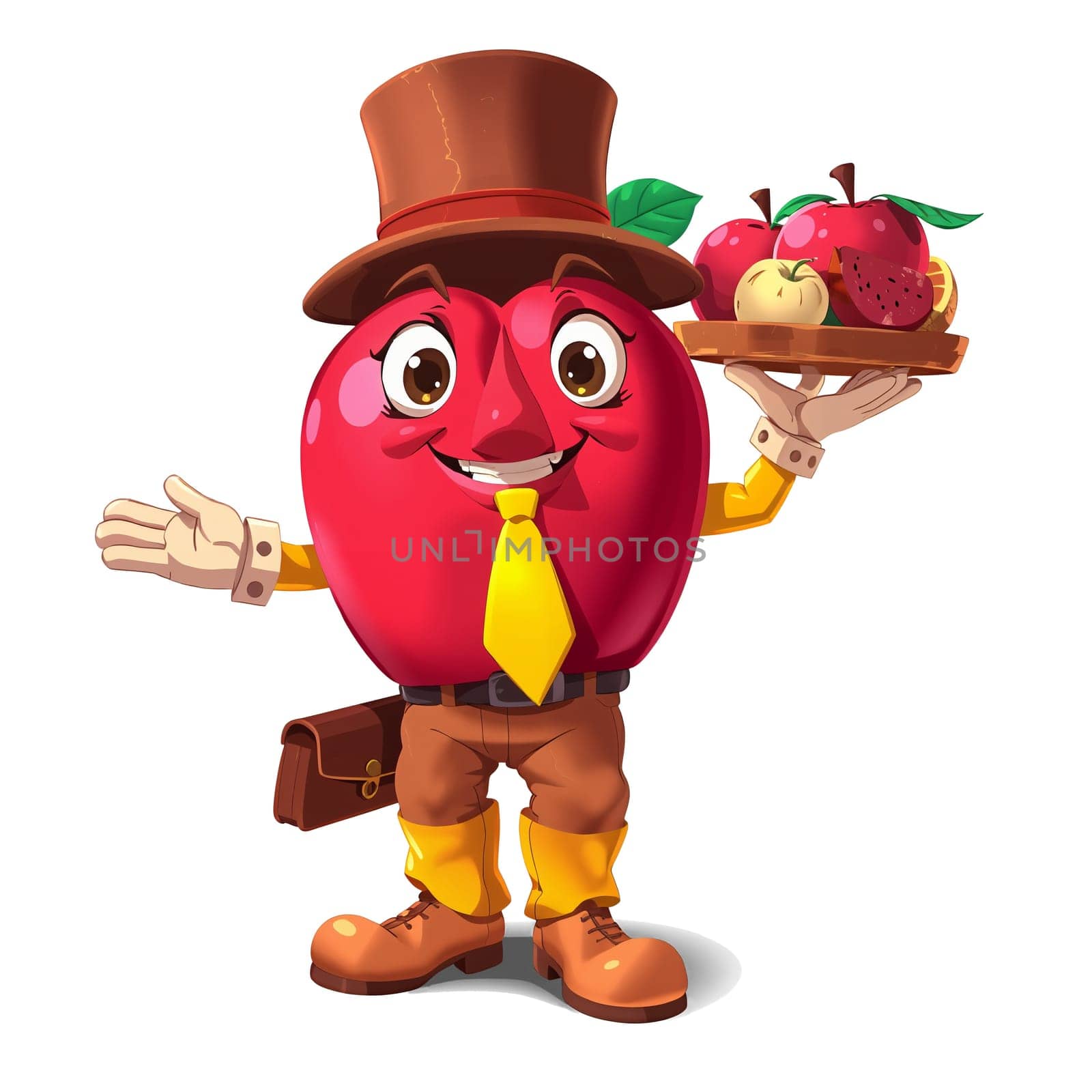 A red apple in the animated style of the cartoon. He walks briskly.