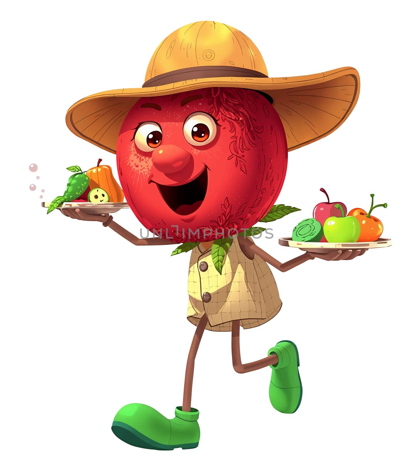 A red apple in the animated style of the cartoon. He walks briskly.
