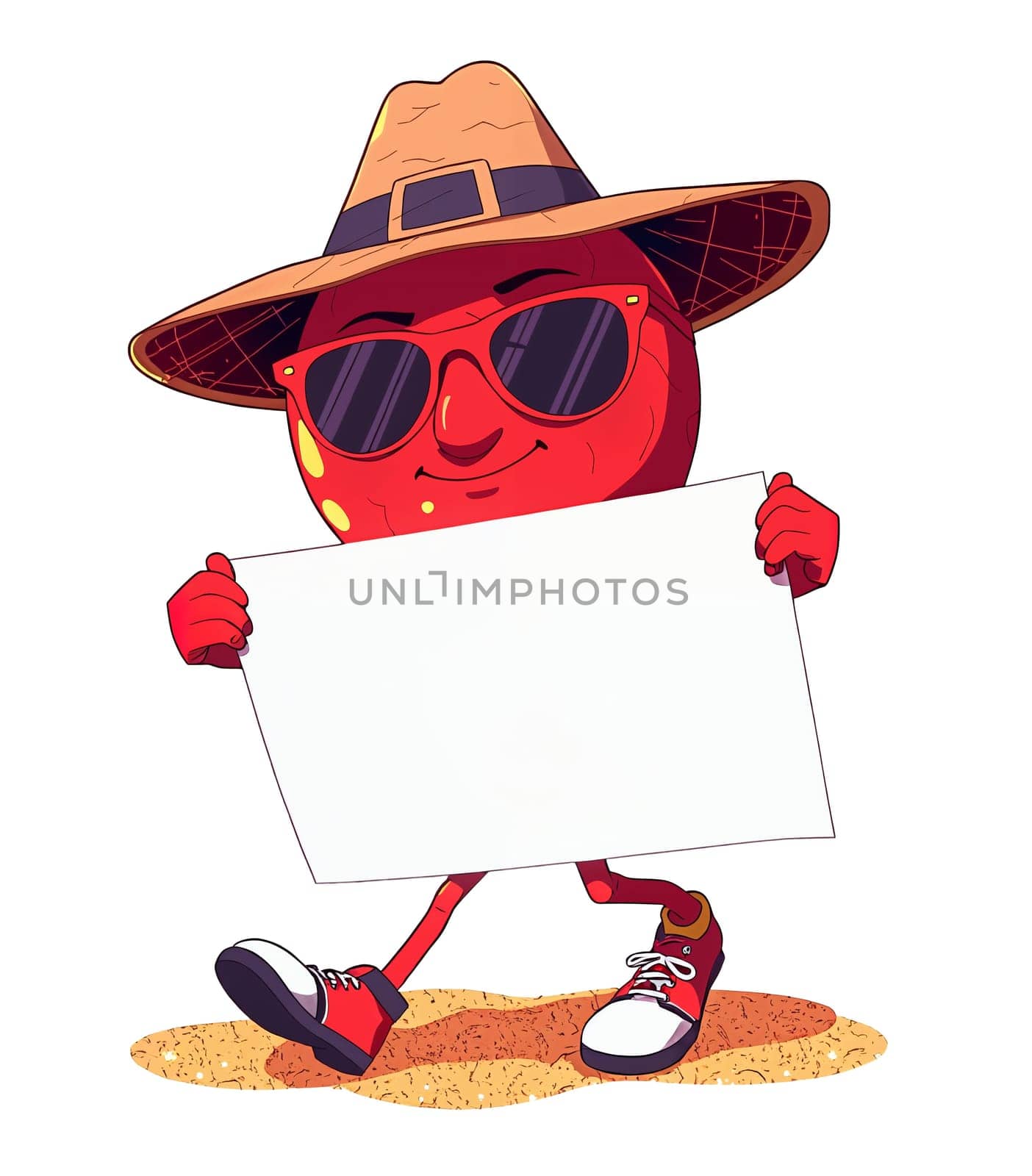 A red apple in the animated style of the cartoon. He walks briskly.