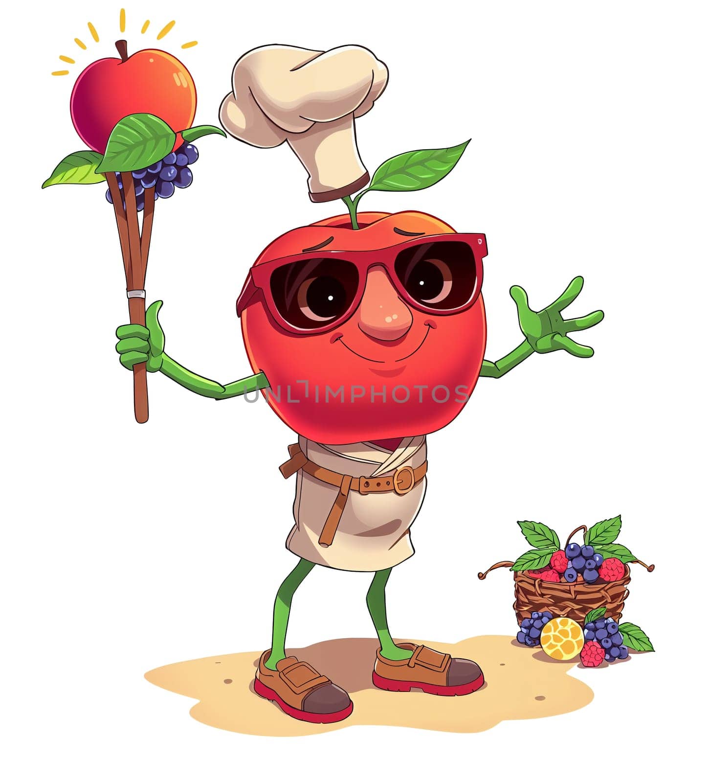 A red apple in the animated style of the cartoon. He walks briskly.
