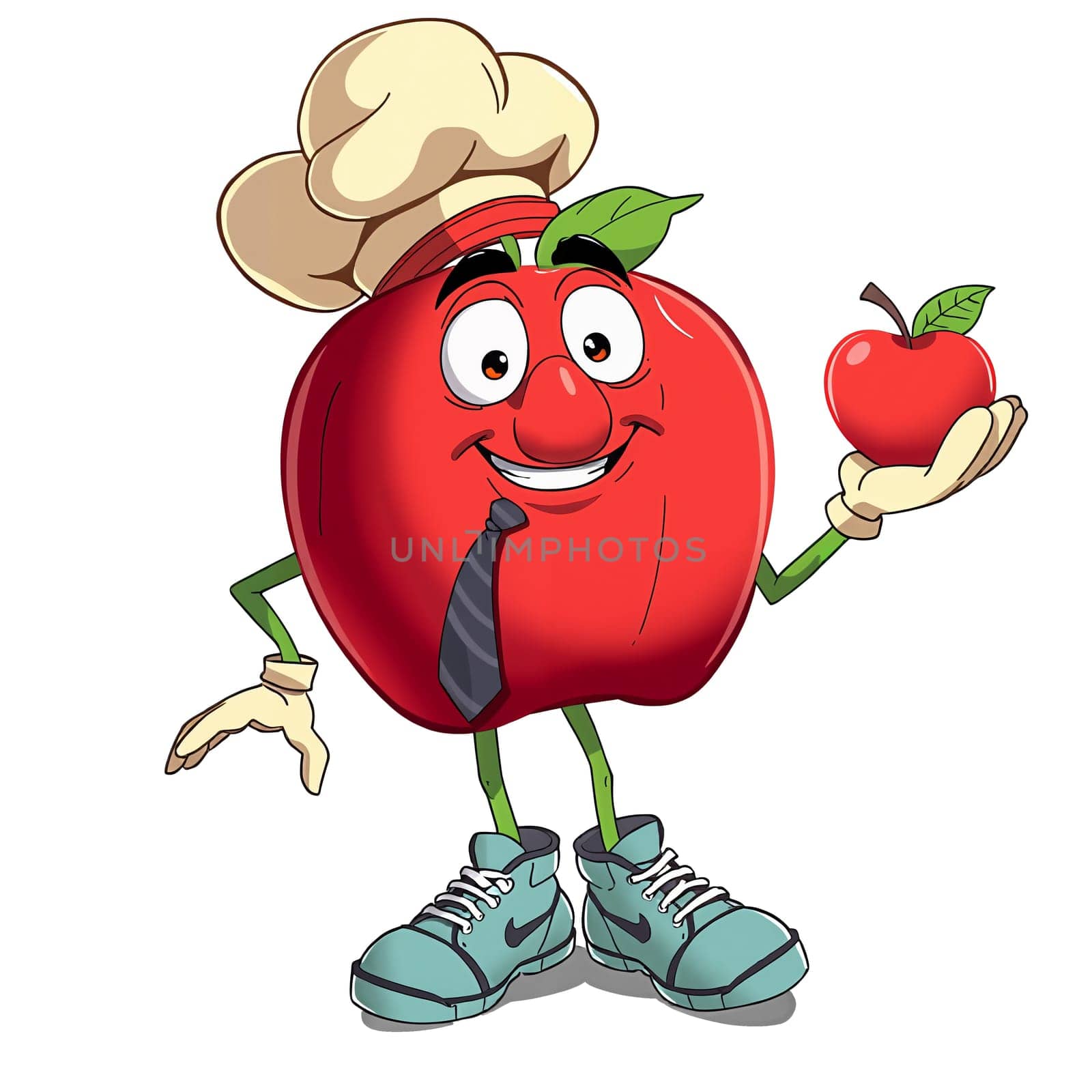 A red apple in the animated style of the cartoon. He walks briskly.
