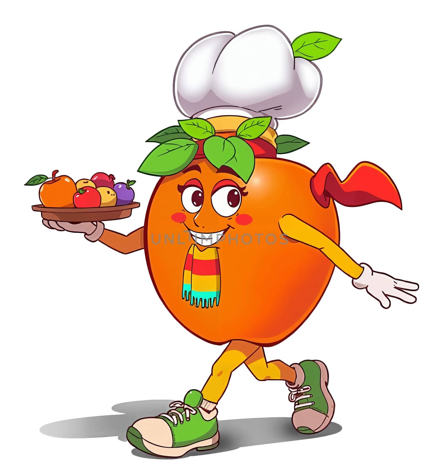 A red apple in the animated style of the cartoon. He walks briskly.