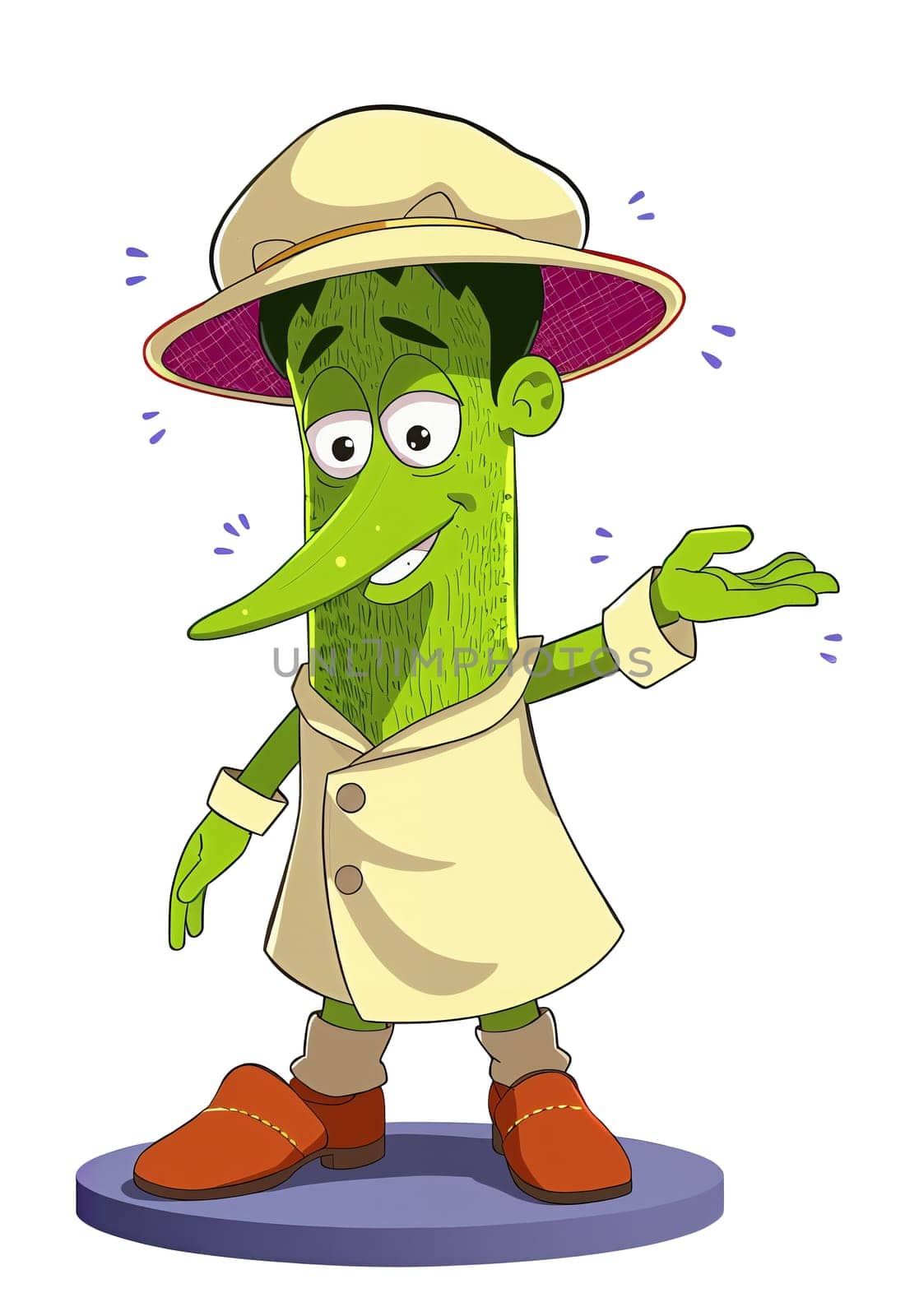 Green zucchini on a white background (transparent) in anime style (cartoon). Cheerful and cheerful.