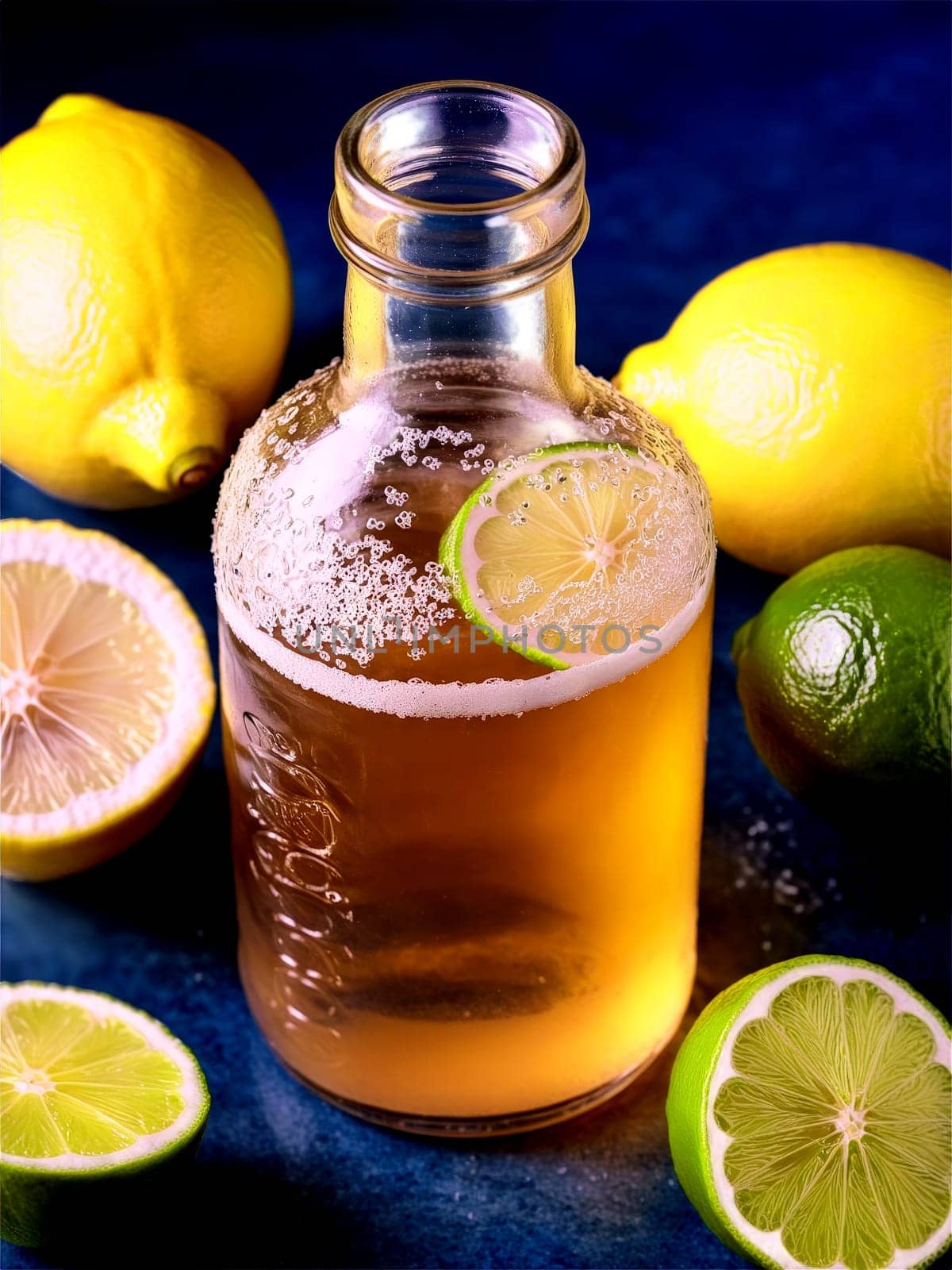 British Ginger Beer in clear glass bottle surrounded by slices of limes and lemons. Drink isolated on transparent background.