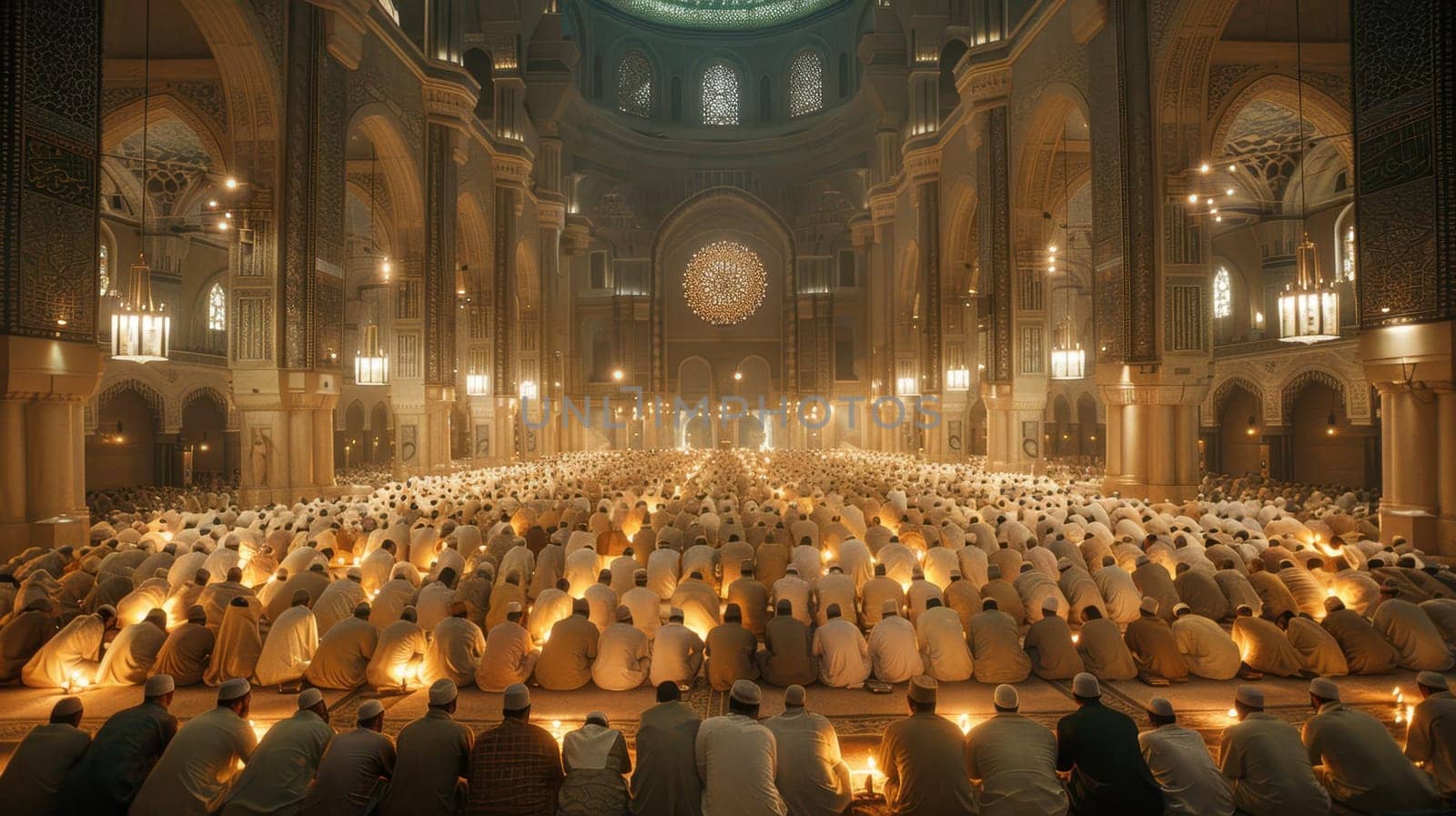 Muslim community praying in a mosque. Muslims in a large mosque.