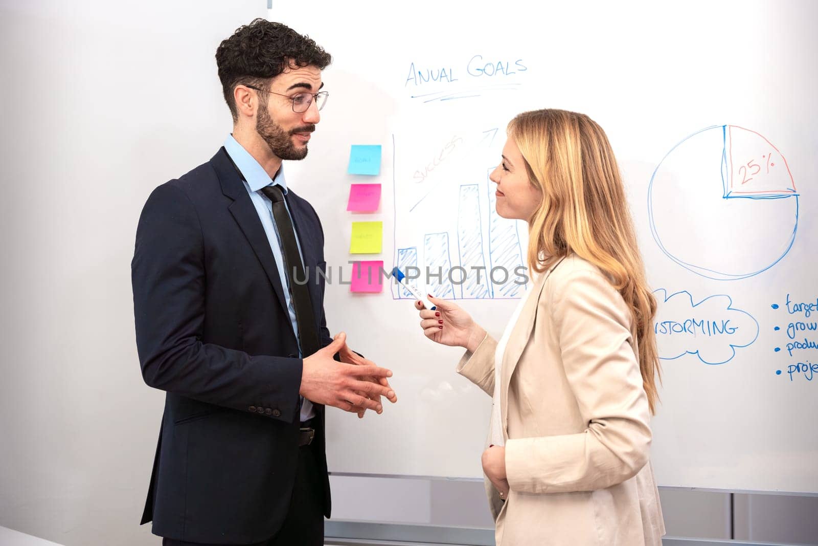 Two businesspeople discussing project results on a whiteboard. Concepts of team, friendship and diversity.